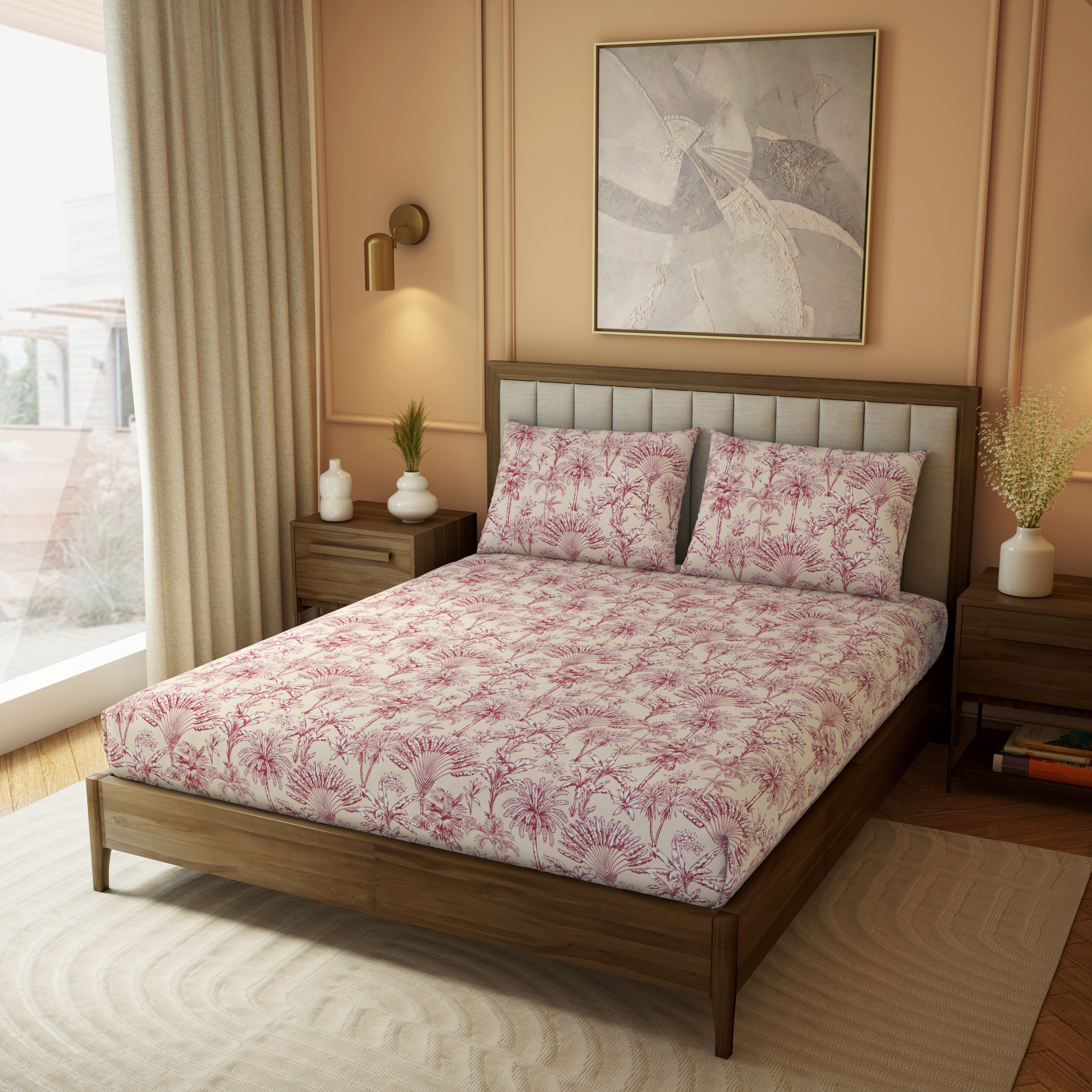 Elite Collection, Botanical Wonder | Printed King Bedsheet Set | 180 TC Cotton -Crimson Red  by Himeya