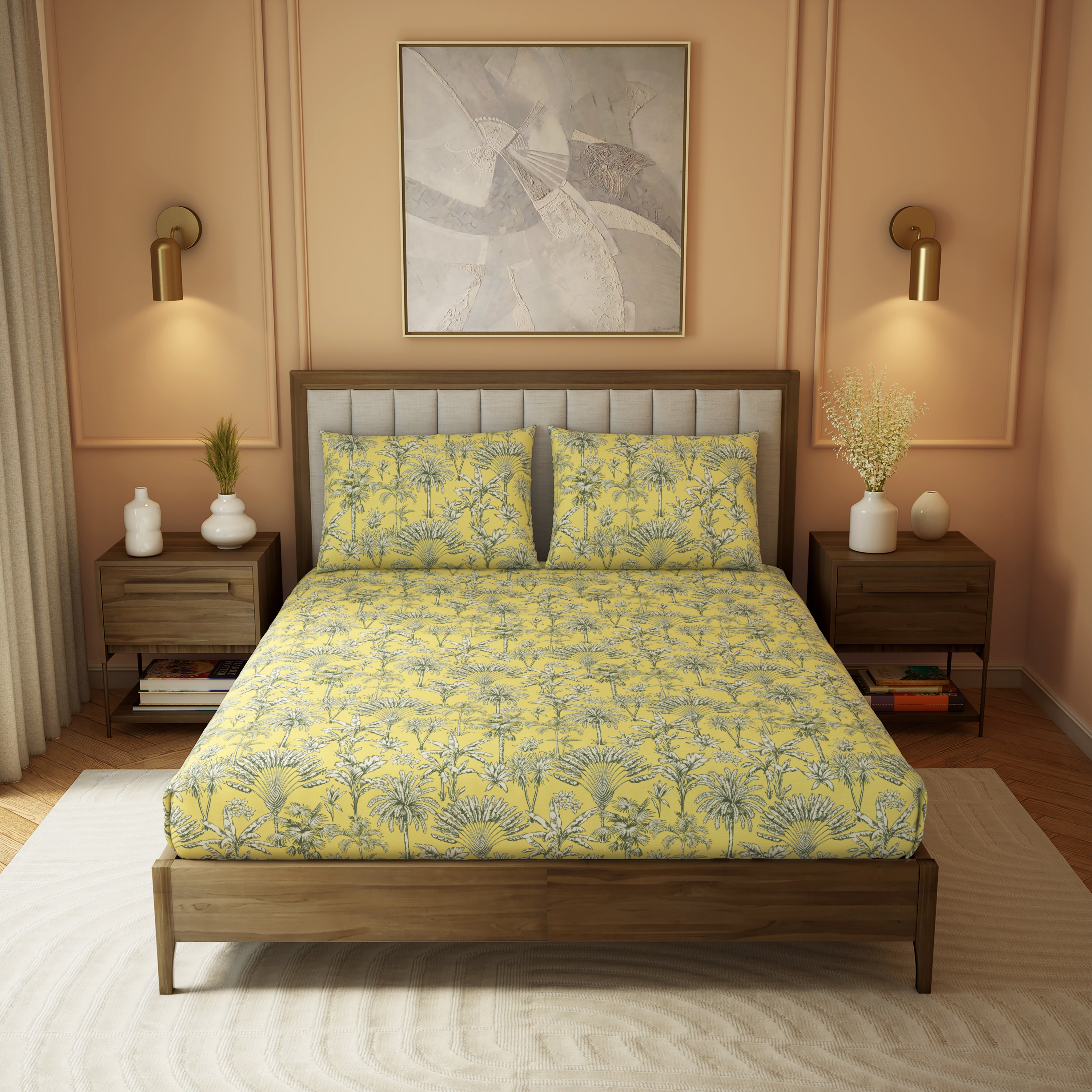 Elite Collection, Botanical Wonder | Printed King Bedsheet Set | 180 TC Cotton -Pastel Yellow  by Himeya