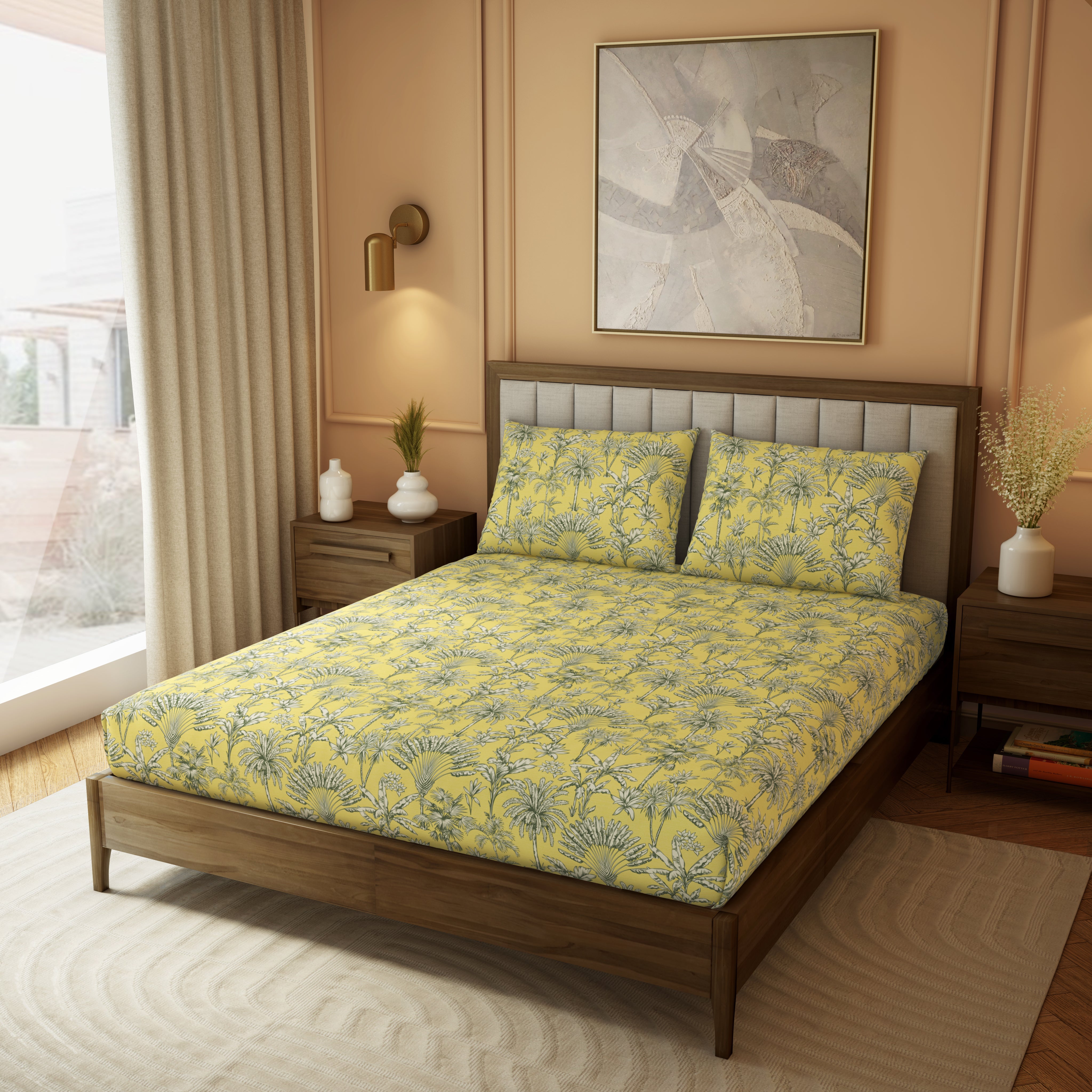 Elite Collection, Botanical Wonder | Printed King Bedsheet Set | 180 TC Cotton -Pastel Yellow  by Himeya