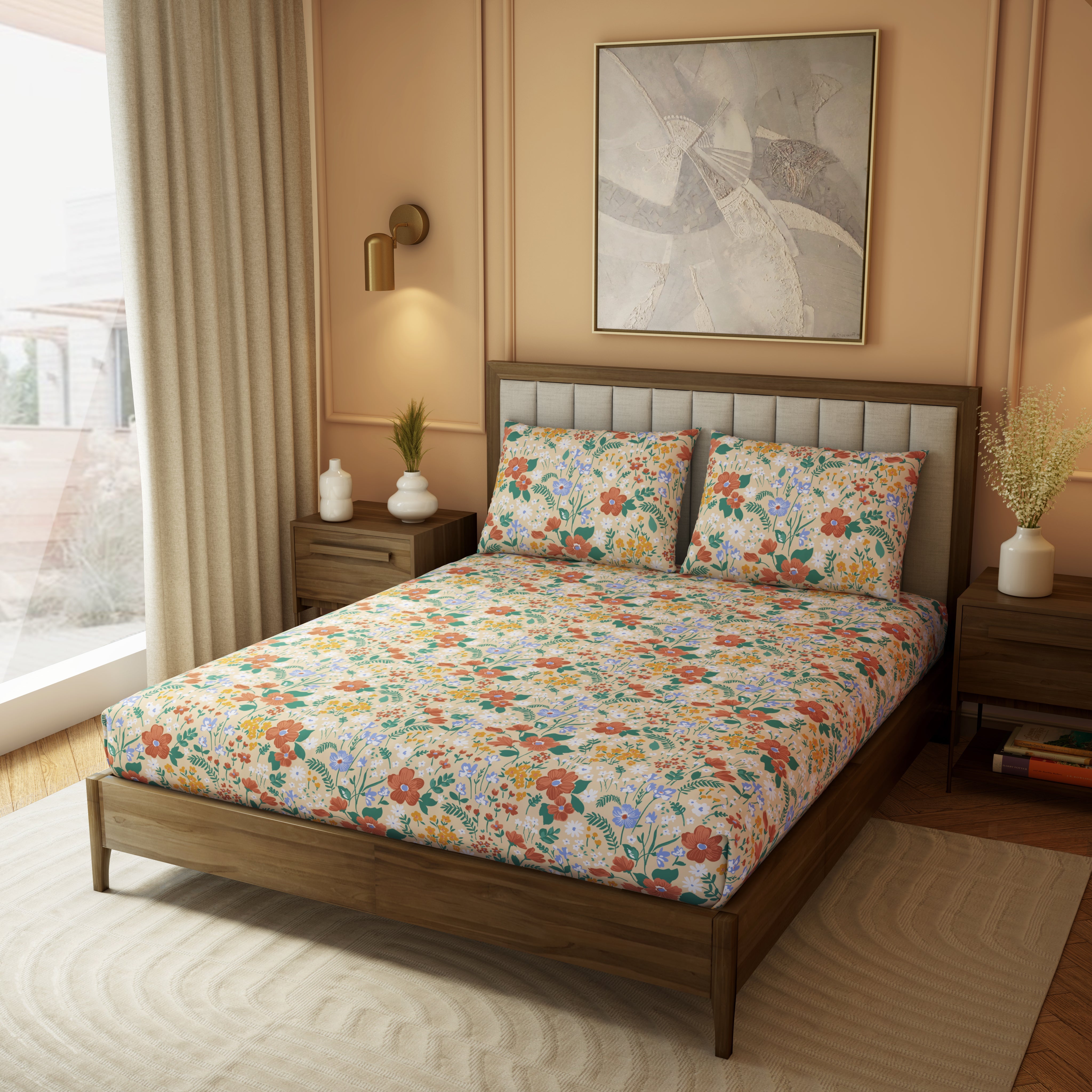 Elite Collection, Botanical Wonder | Printed King Bedsheet Set | 180 TC Cotton -Mellow Yellow  by Himeya