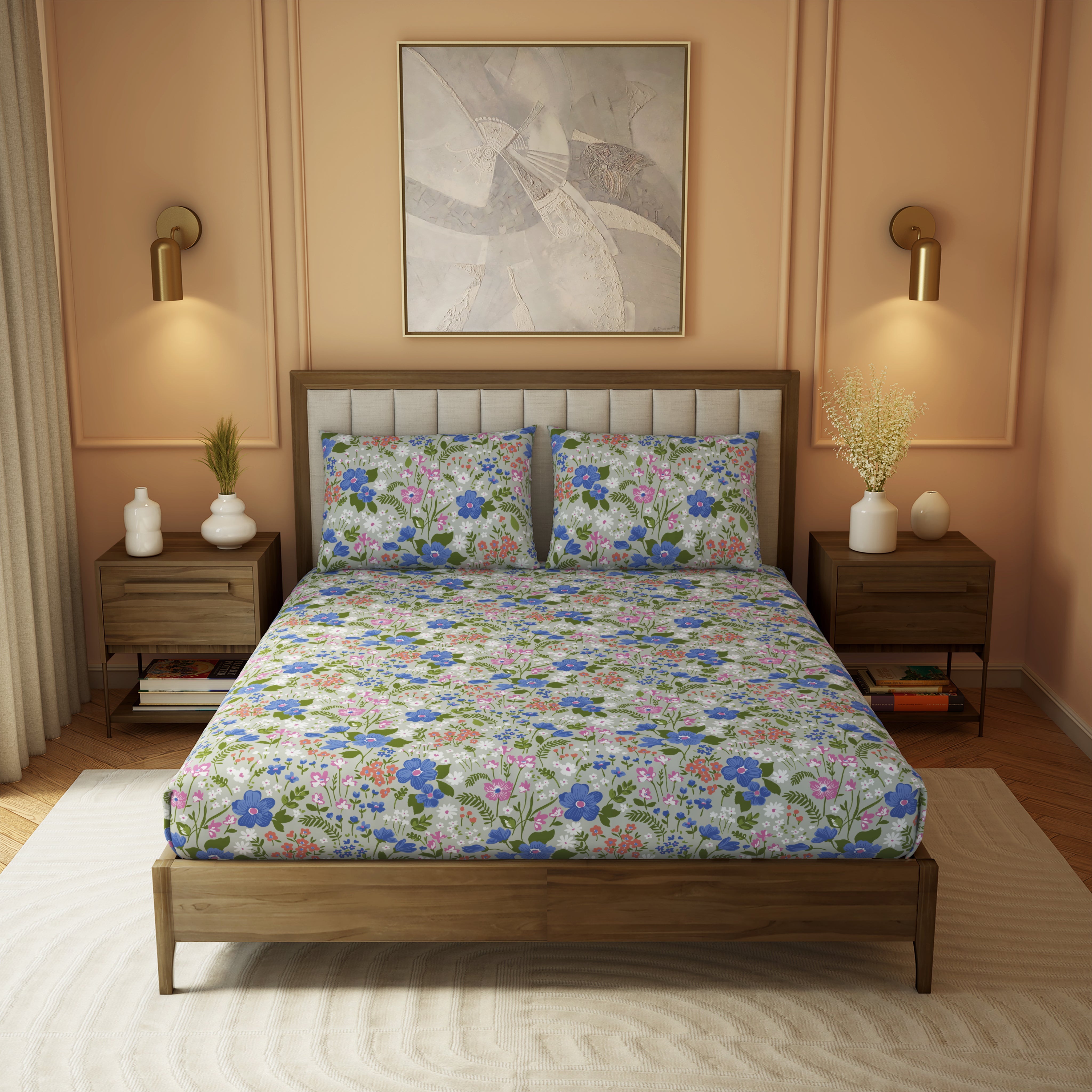 Elite Collection, Botanical Wonder | Printed King Bedsheet Set | 180 TC Cotton -Sage Green  by Himeya