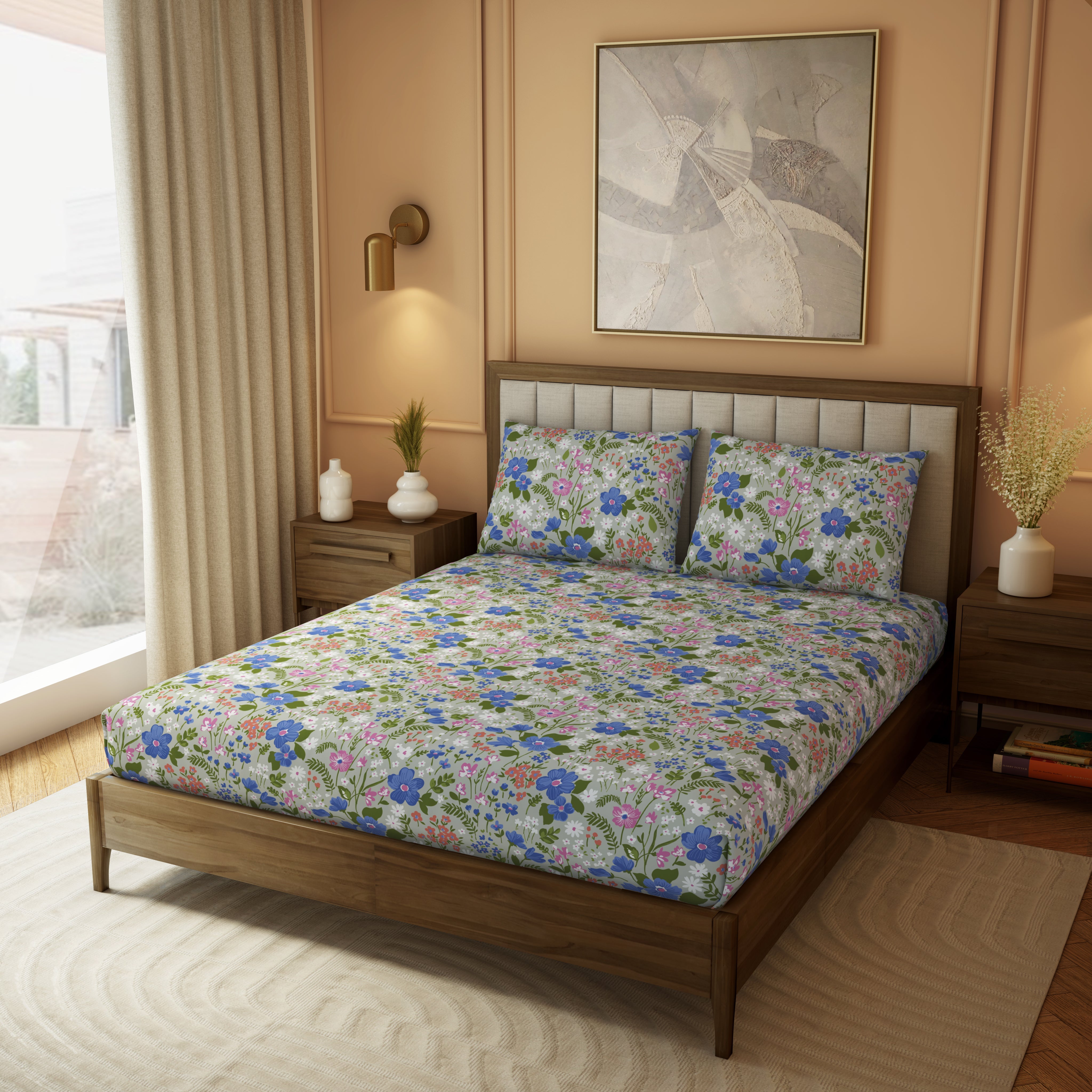 Elite Collection, Botanical Wonder | Printed King Bedsheet Set | 180 TC Cotton -Sage Green  by Himeya