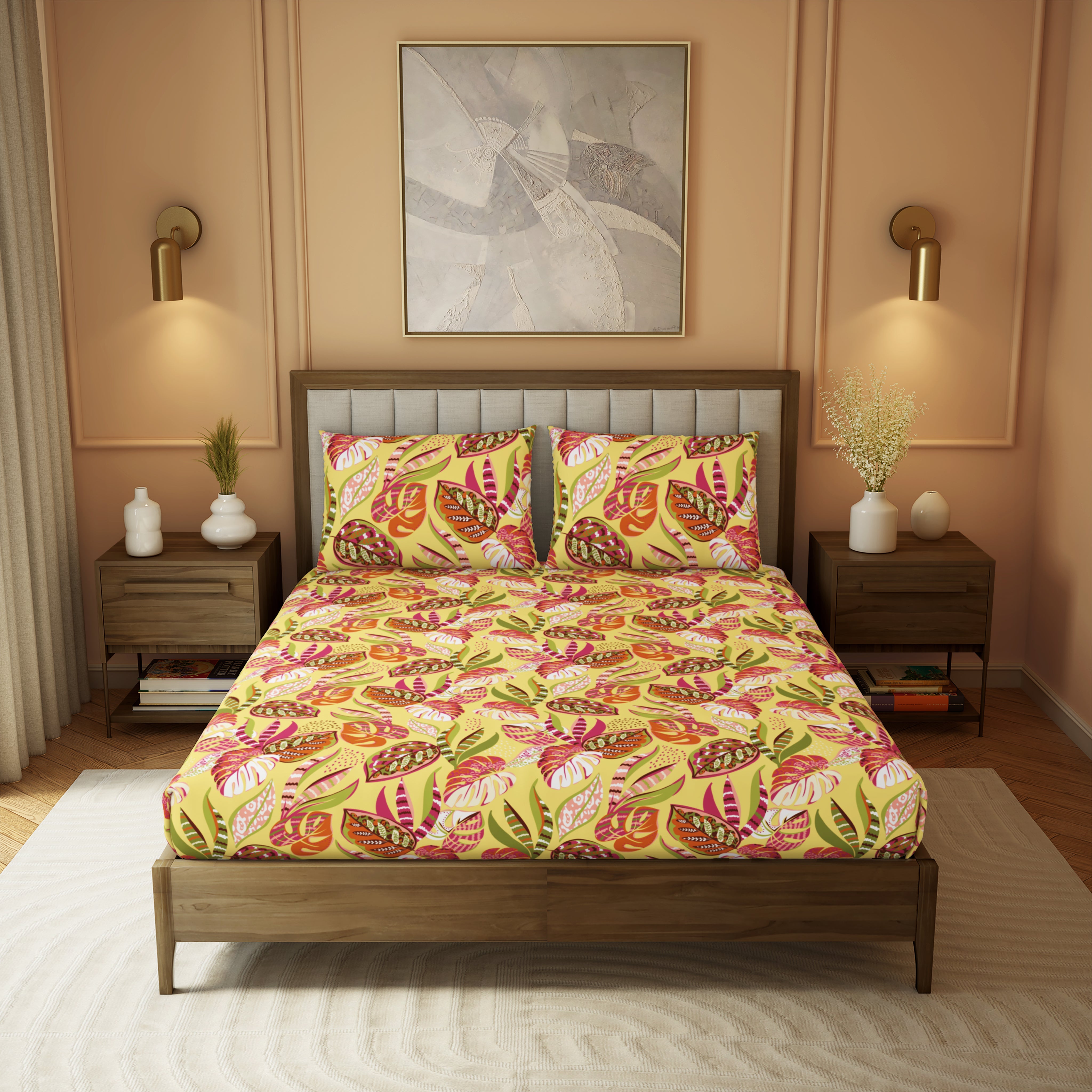 Elite Collection, Botanical Wonder | Printed King Bedsheet Set | 180 TC Cotton -Fresh Yellow  by Himeya