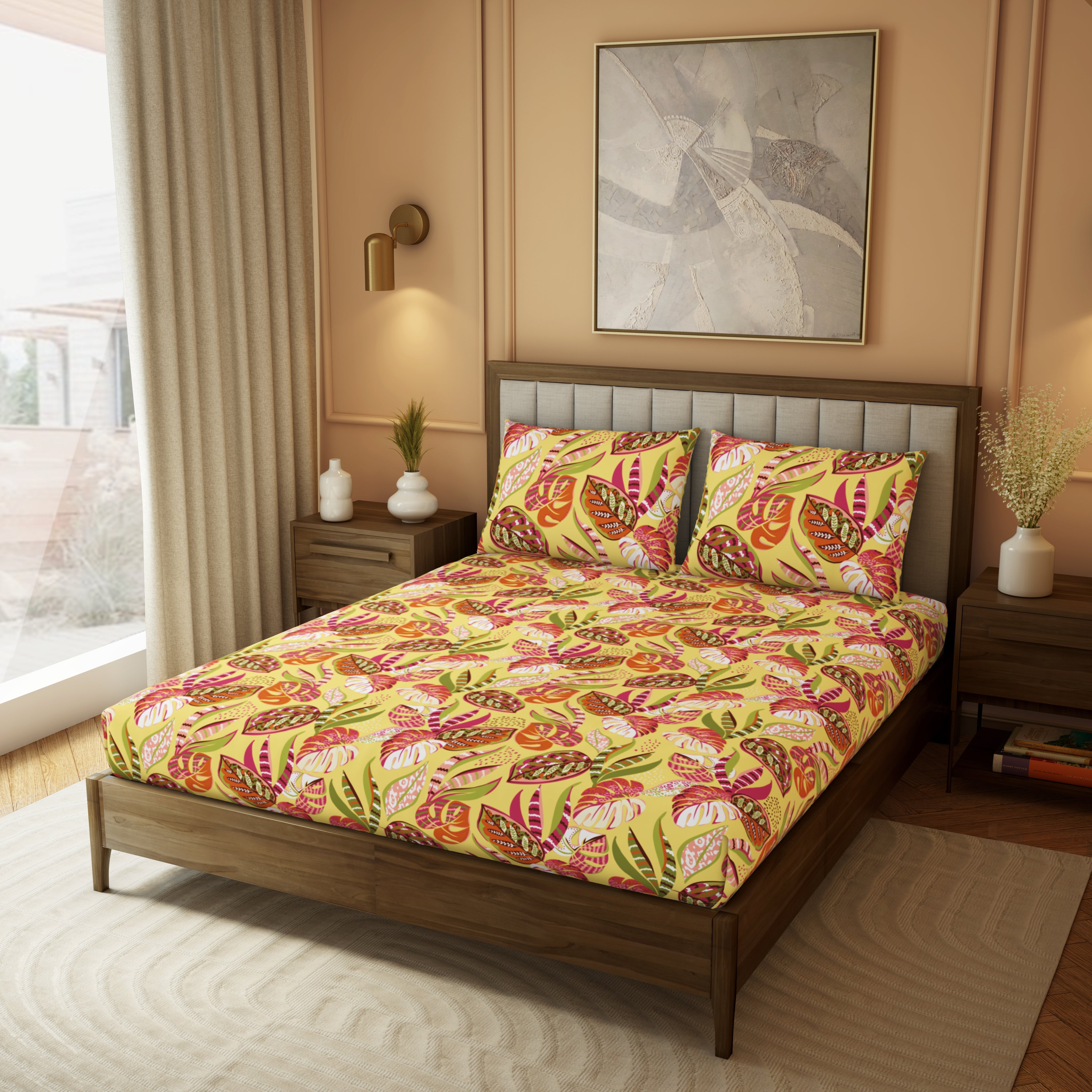 Elite Collection, Botanical Wonder | Printed King Bedsheet Set | 180 TC Cotton -Fresh Yellow  by Himeya