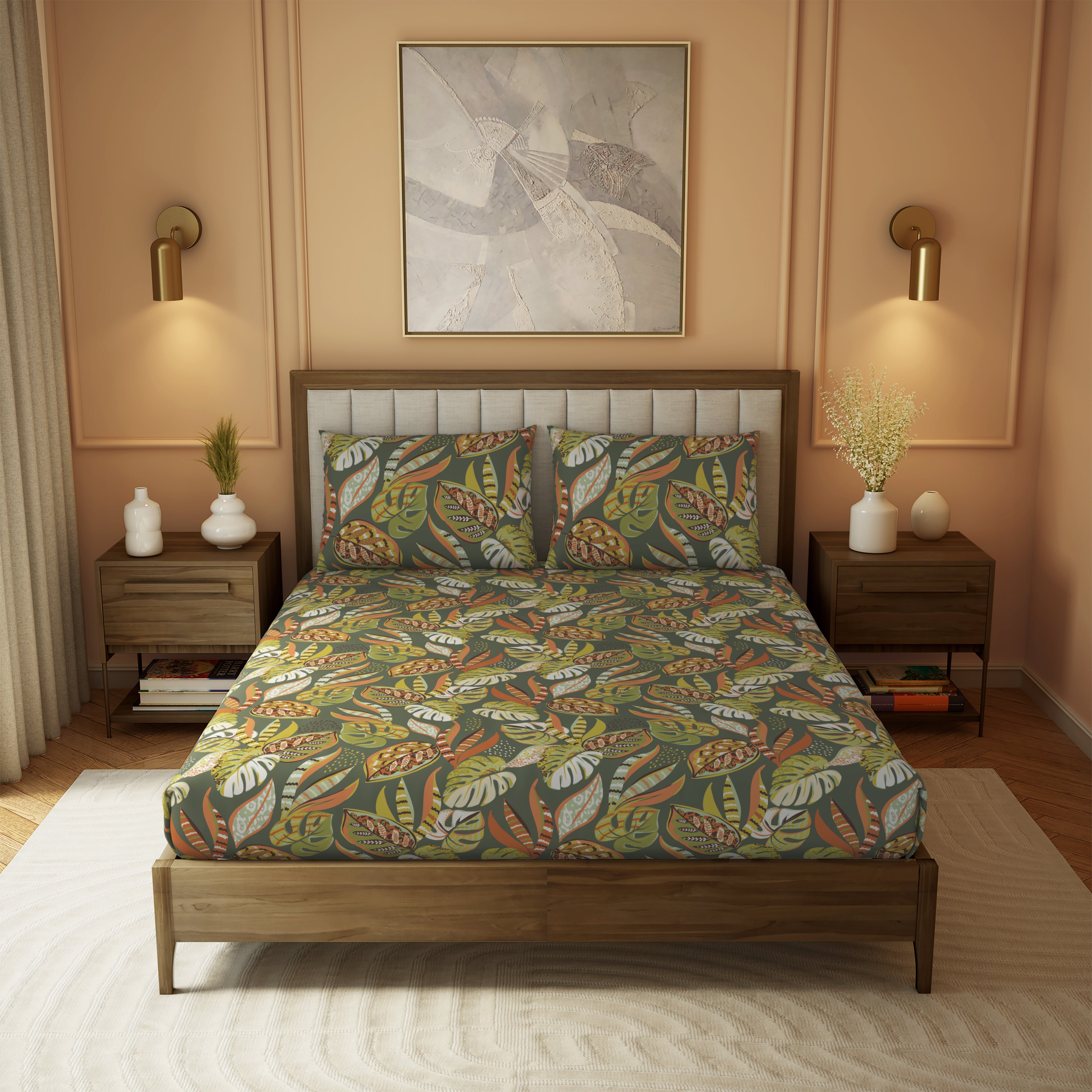 Elite Collection, Botanical Wonder | Printed King Bedsheet Set | 180 TC Cotton -Green Valley  by Himeya