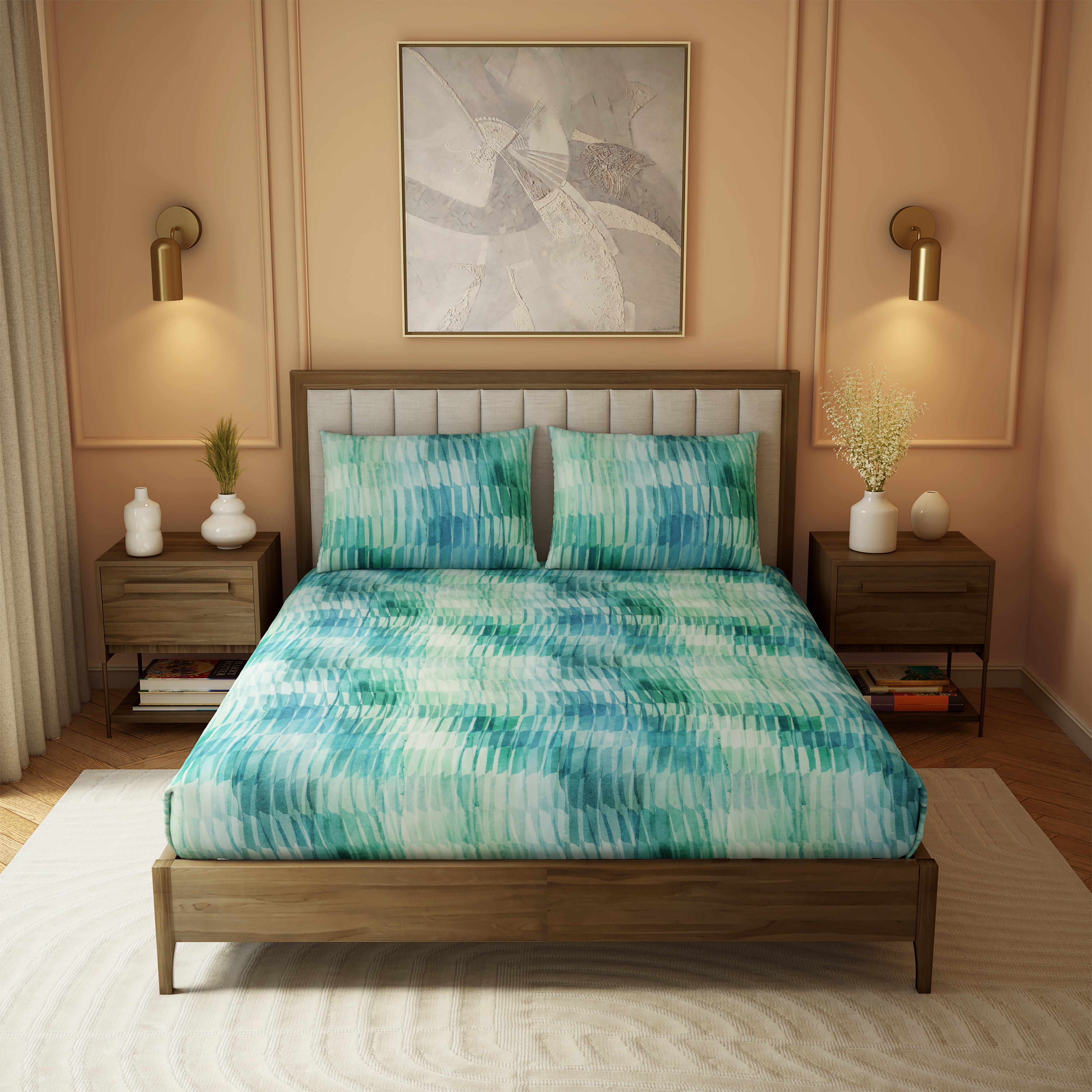 The Elite Collection | Printed King Bedsheet Set | 210 TC Cotton | Glass Blue