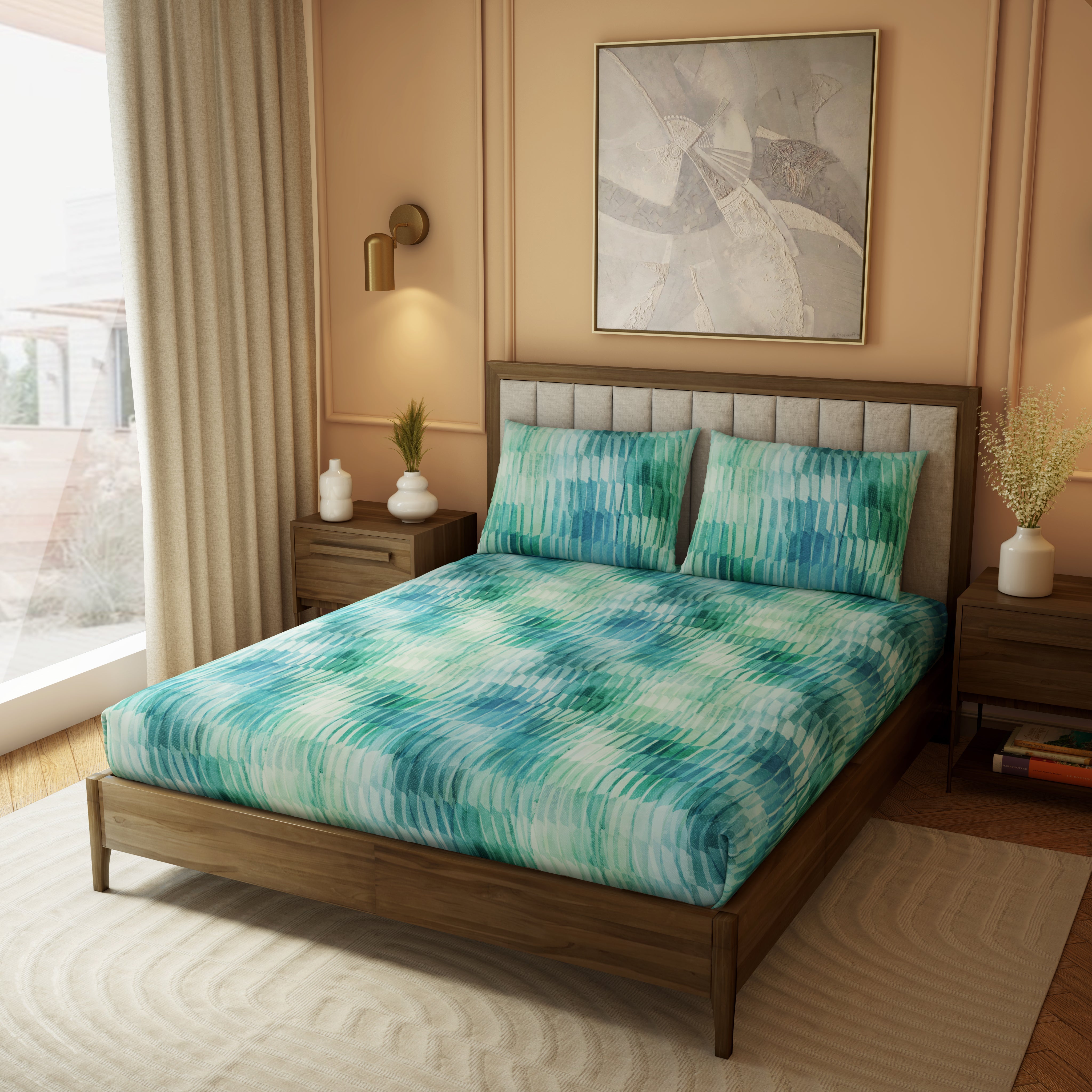 The Elite Collection | Printed King Bedsheet Set | 210 TC Cotton | Glass Blue