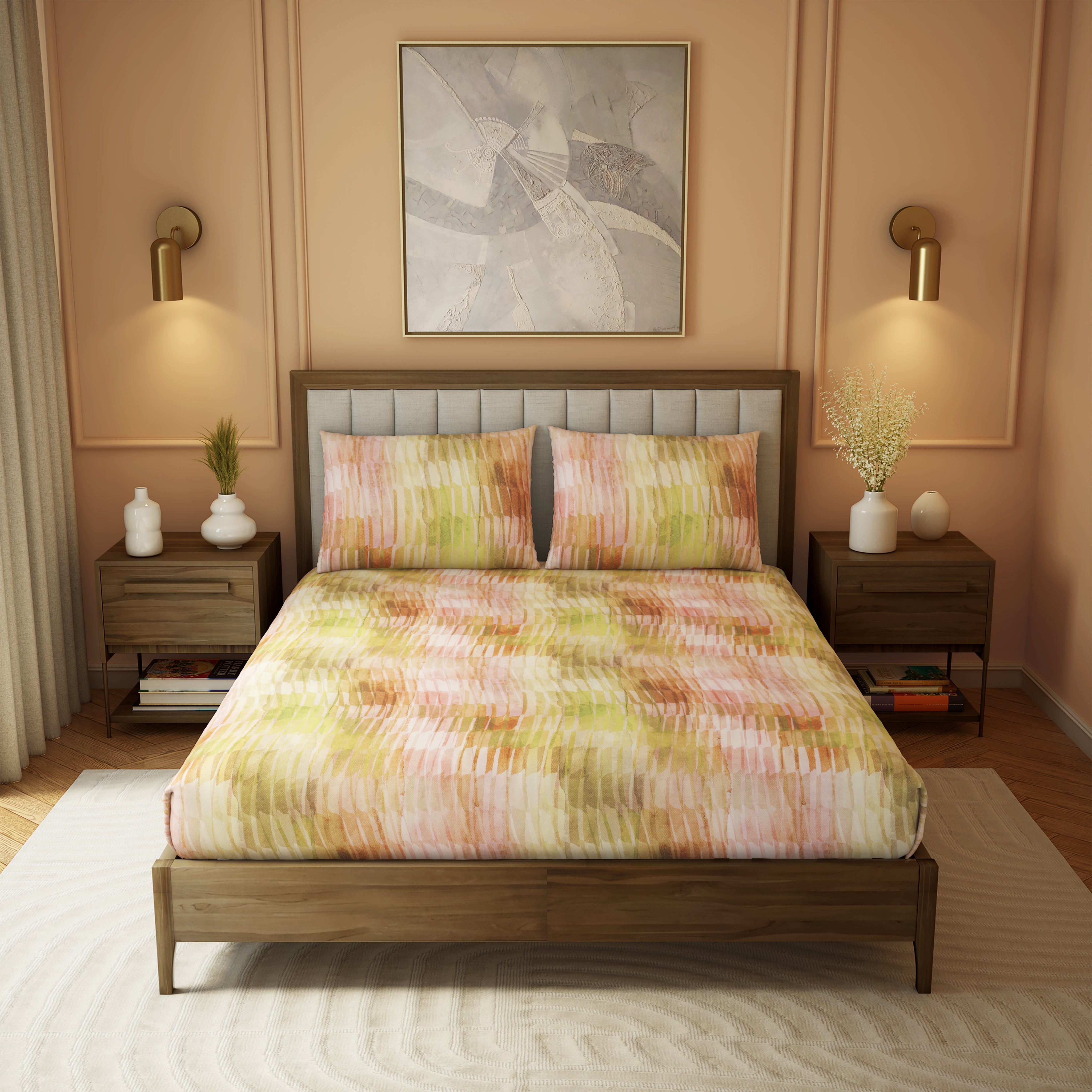 The Elite Collection, Landscape | Printed King Bedsheet Set | 210 TC Cotton - Pastel Peach