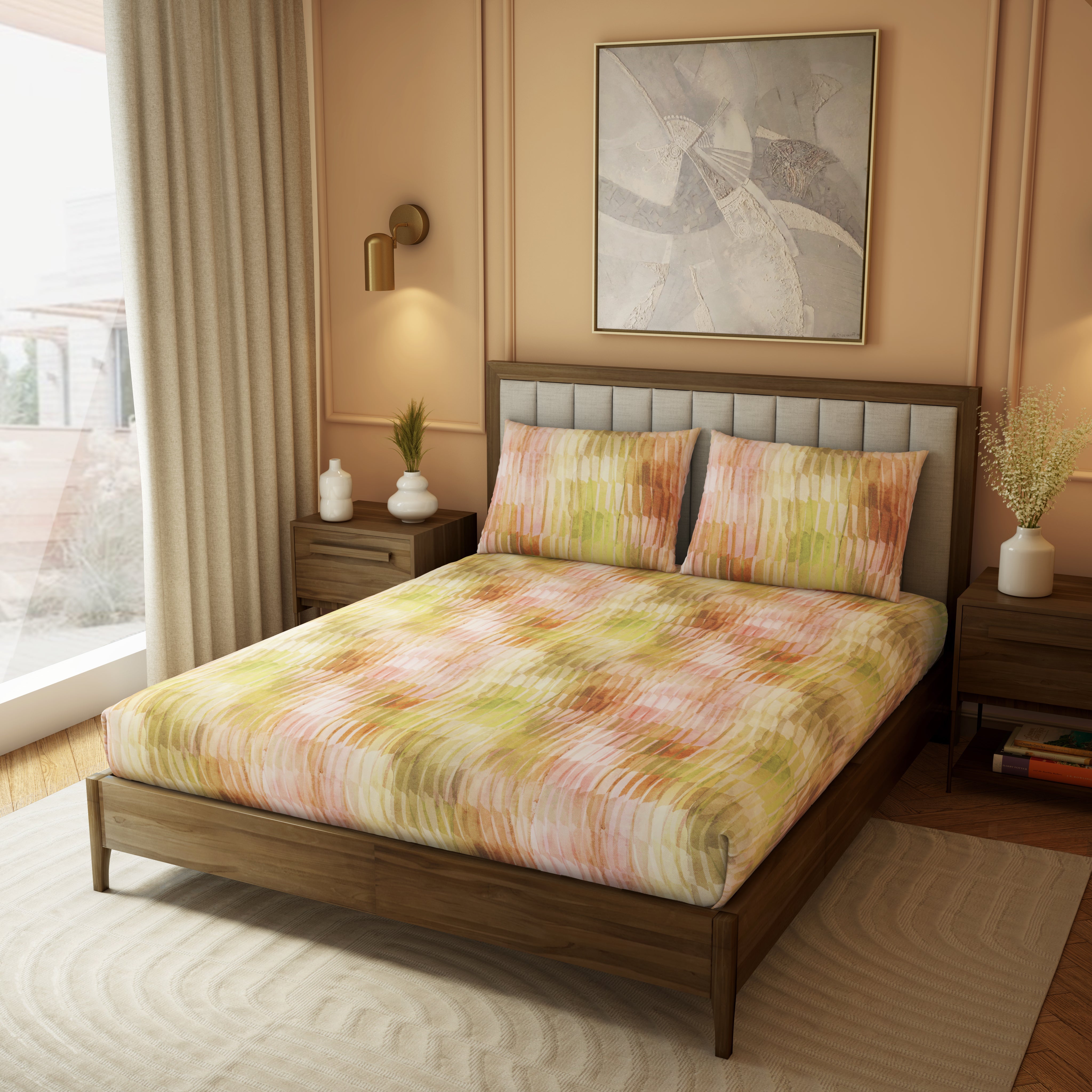 The Elite Collection, Landscape | Printed King Bedsheet Set | 210 TC Cotton - Pastel Peach