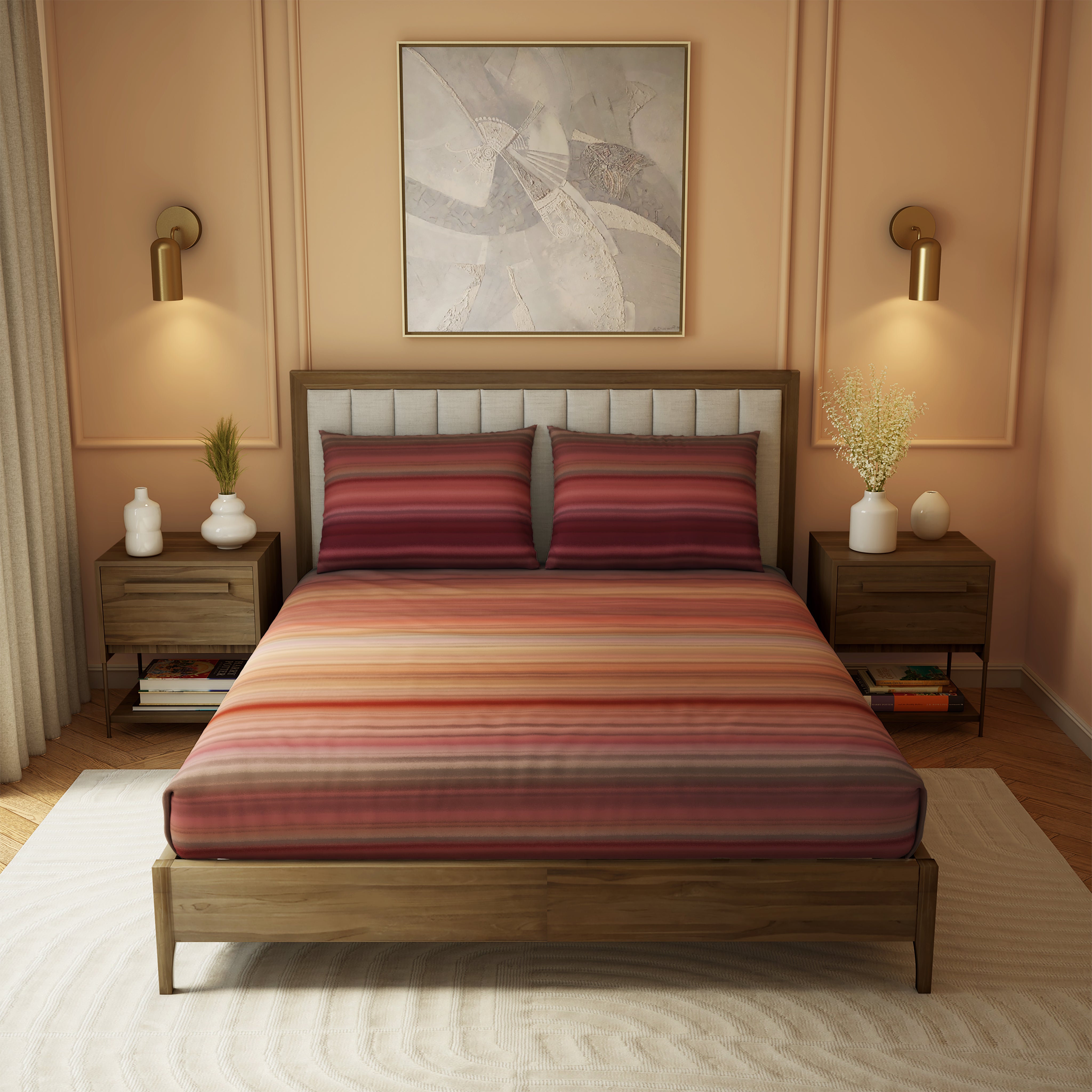 The Elite Collection, Landscape | Printed King Bedsheet Set | 210 TC Cotton - Crimson