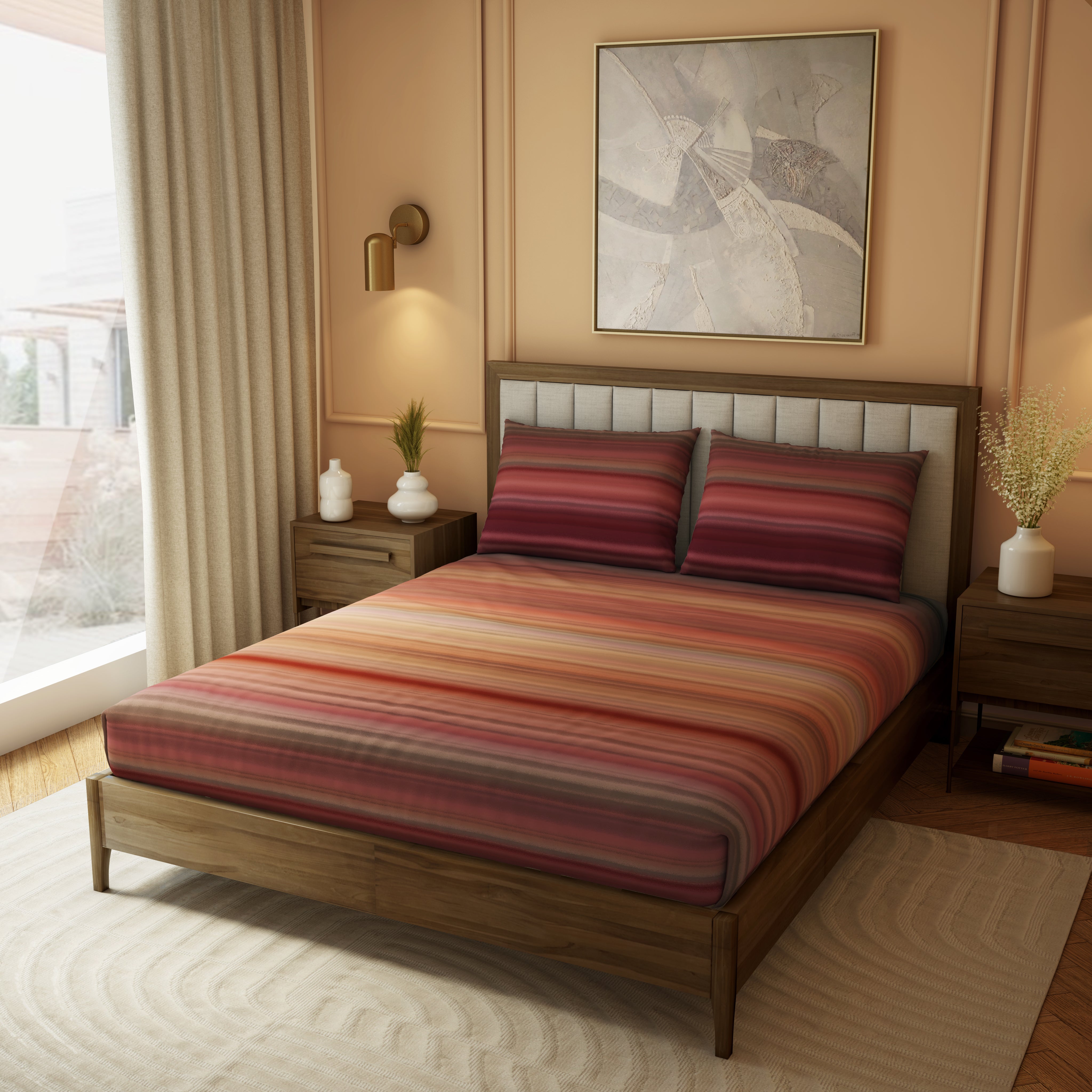 The Elite Collection, Landscape | Printed King Bedsheet Set | 210 TC Cotton - Crimson