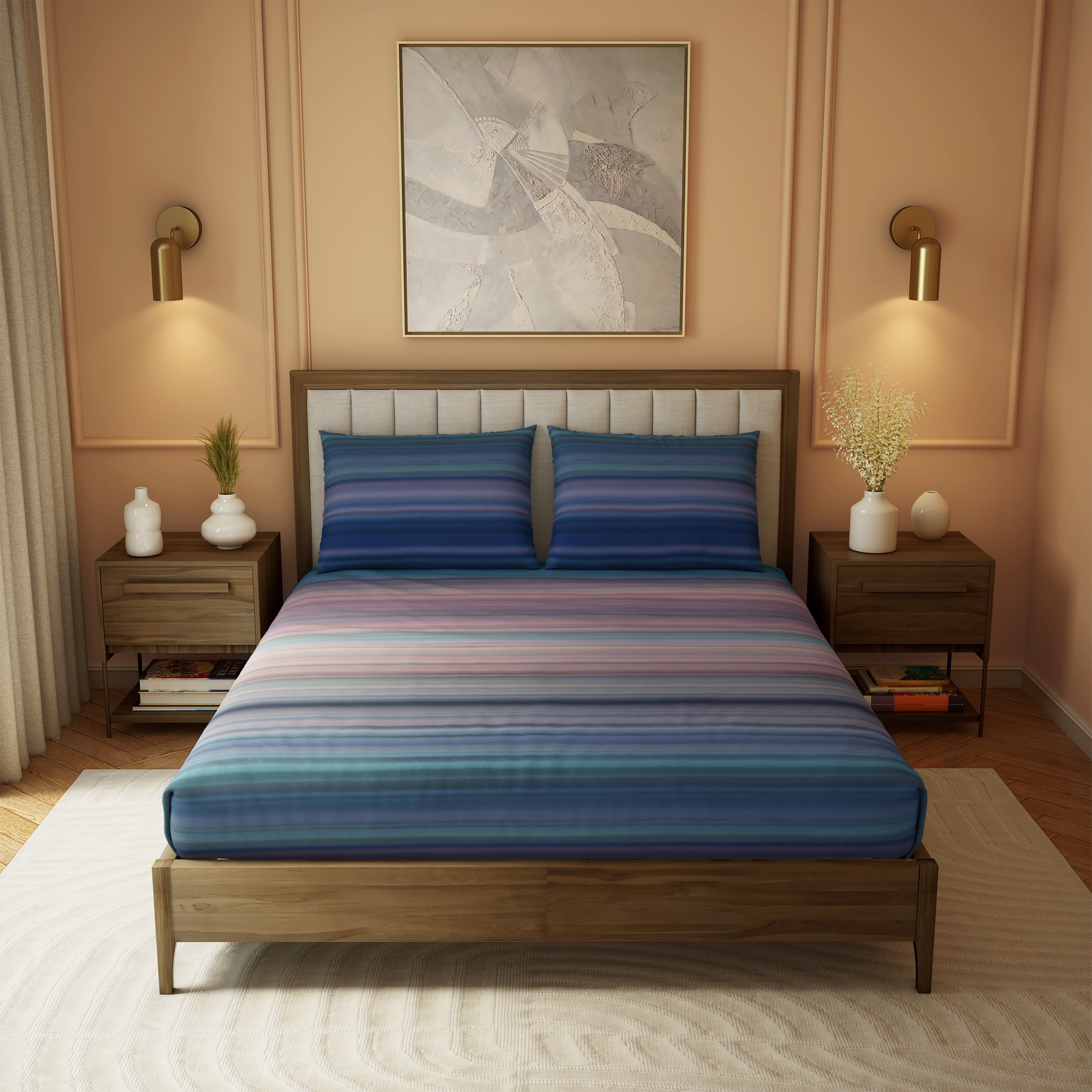 The Elite Collection | Printed King Bedsheet Set | 210 TC Cotton | Deep Water