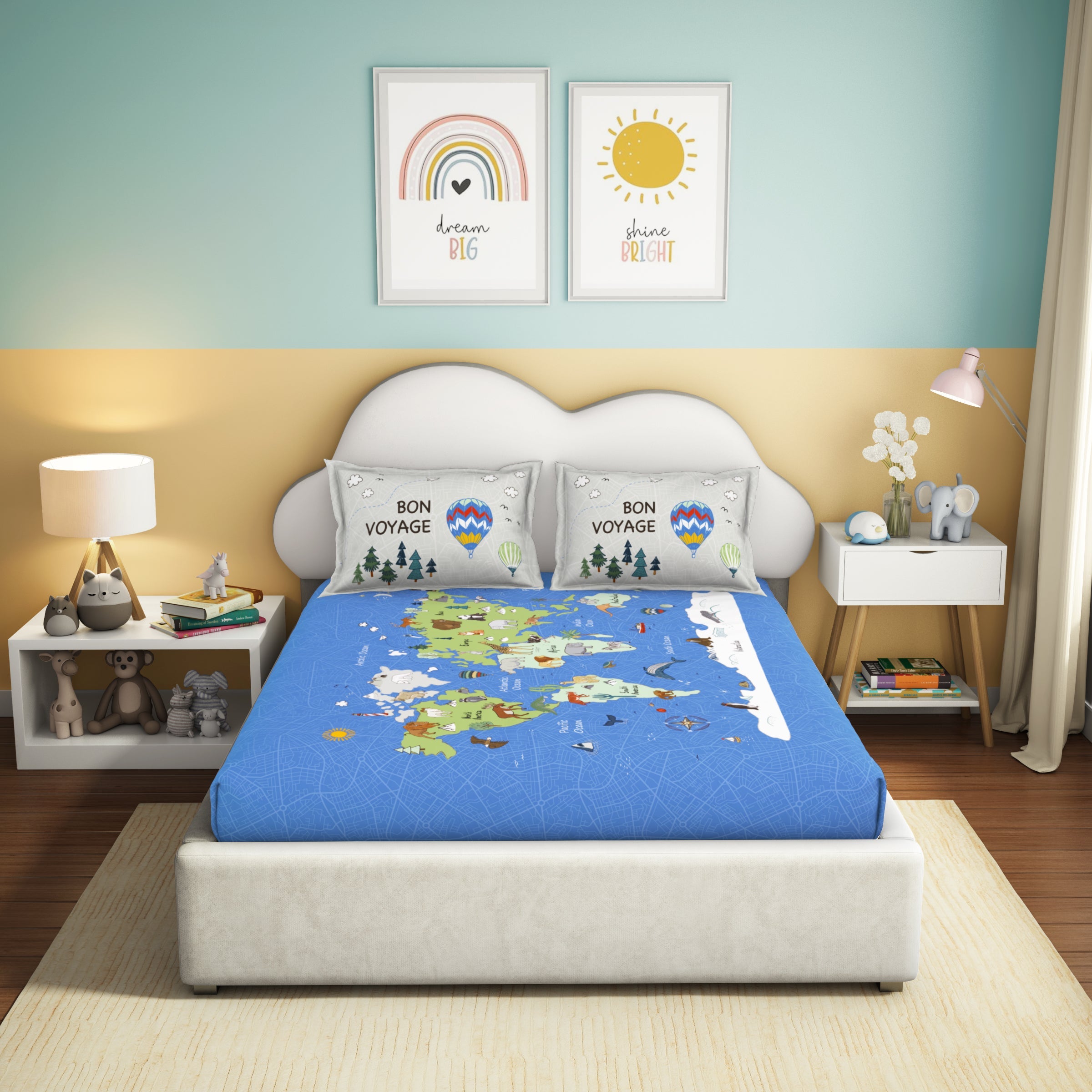 The Play Collection | Printed Double Bedsheet Set | 180 TC Cotton | Around The World