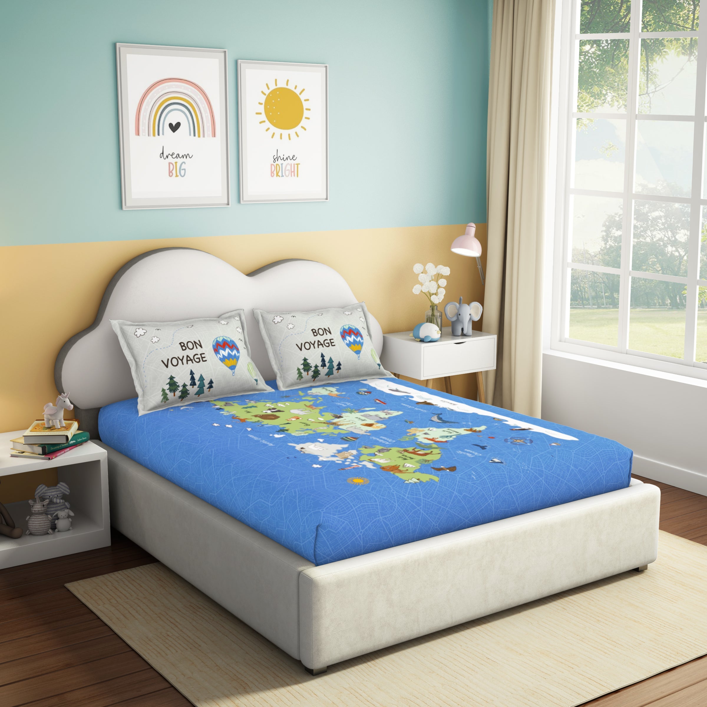 The Play Collection | Printed Double Bedsheet Set | 180 TC Cotton | Around The World