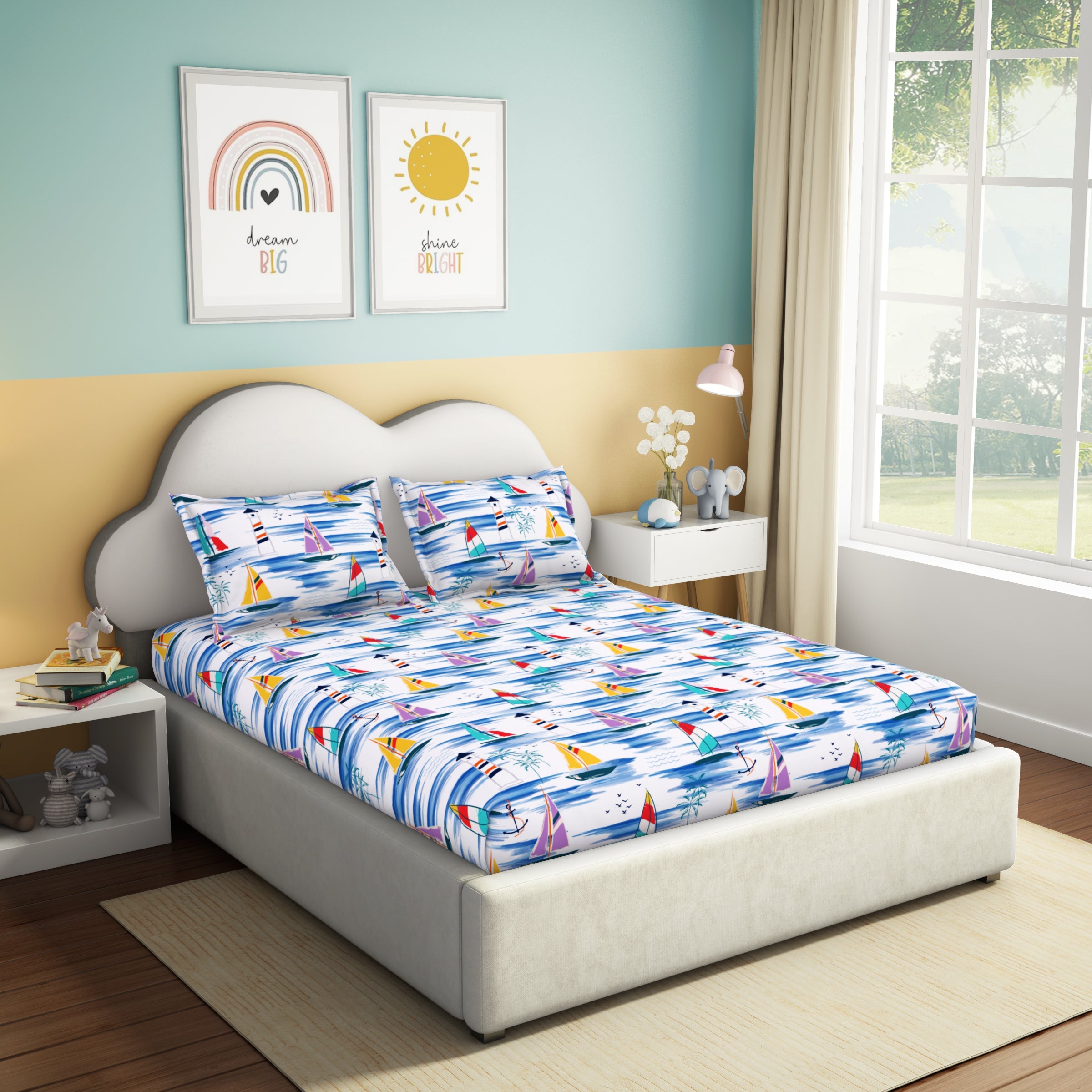 The Play Collection | Printed Double Bedsheet Set | 180 TC Cotton | Sail Away