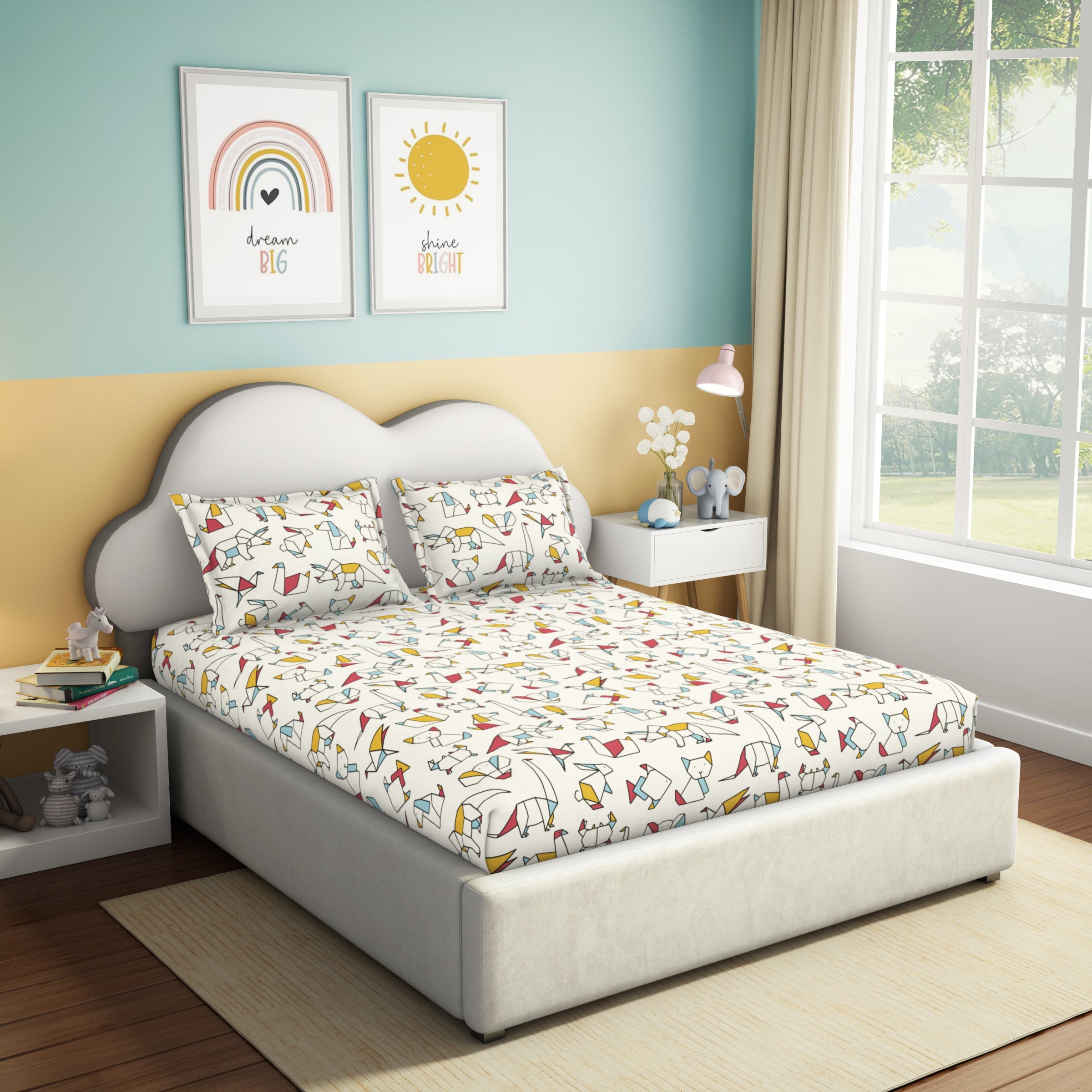 The Play Collection | Printed Double Bedsheet Set | 180 TC Cotton | Tangram