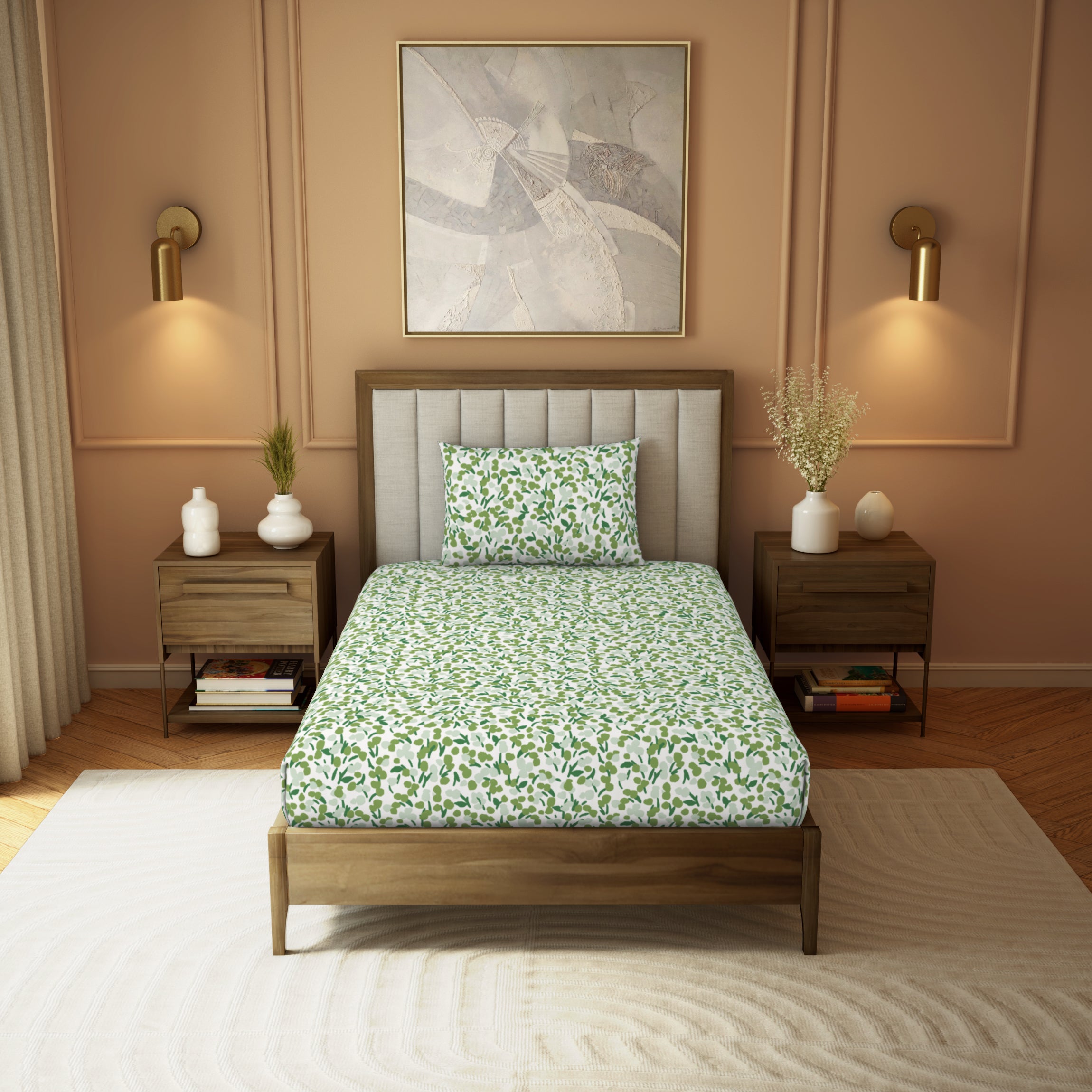 Himeya Elegant | Single Bedsheet Set | 190 TC Cotton -  Breezy Buds-Turtle Grn