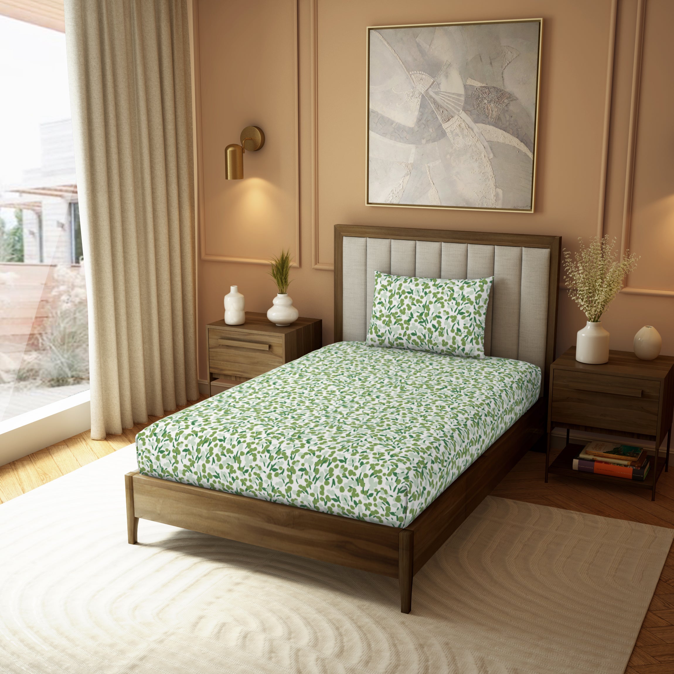 Himeya Elegant | Single Bedsheet Set | 190 TC Cotton -  Breezy Buds-Turtle Grn