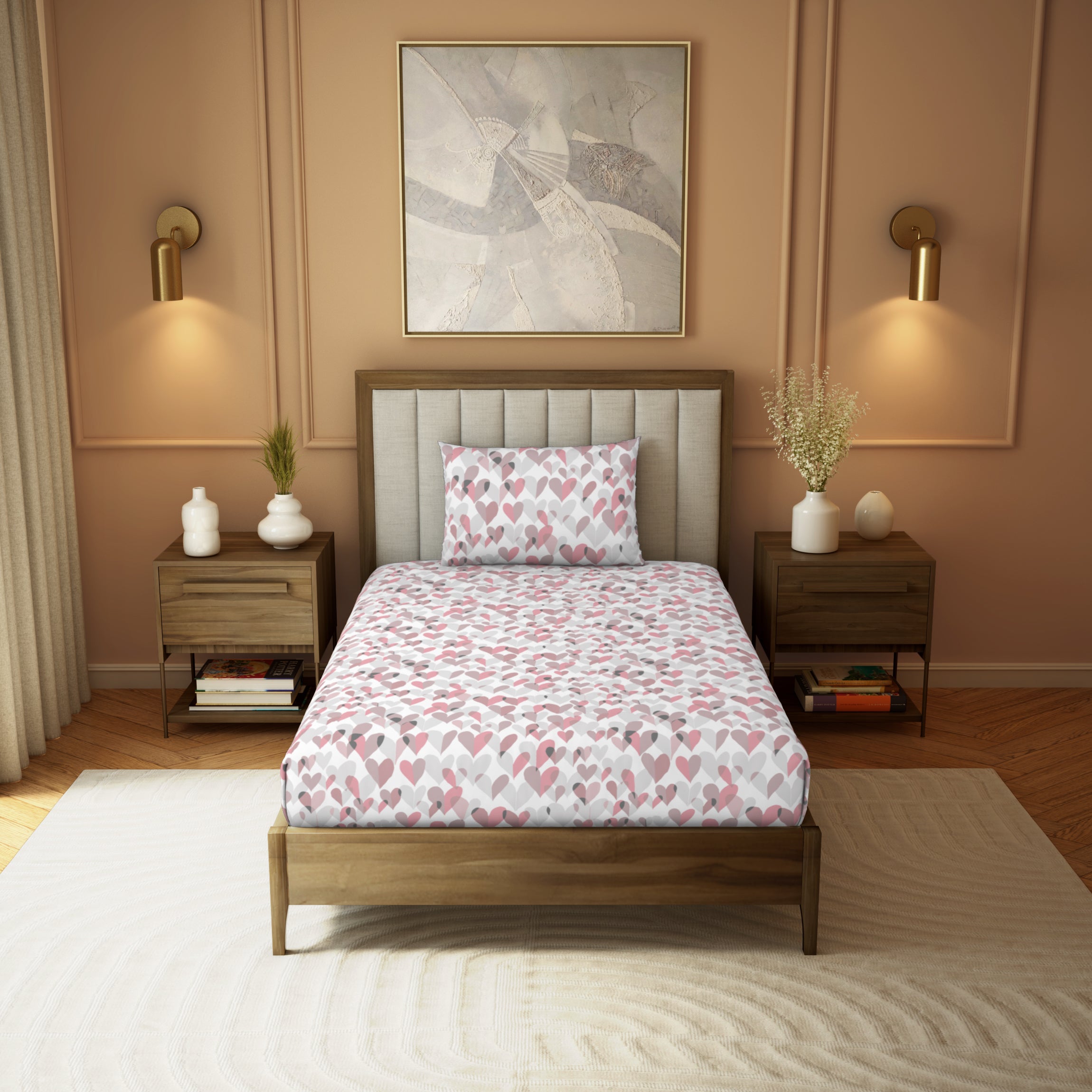Himeya Elegant | Single Bedsheet Set | 190 TC Cotton -  Confetti Hearts-Blush