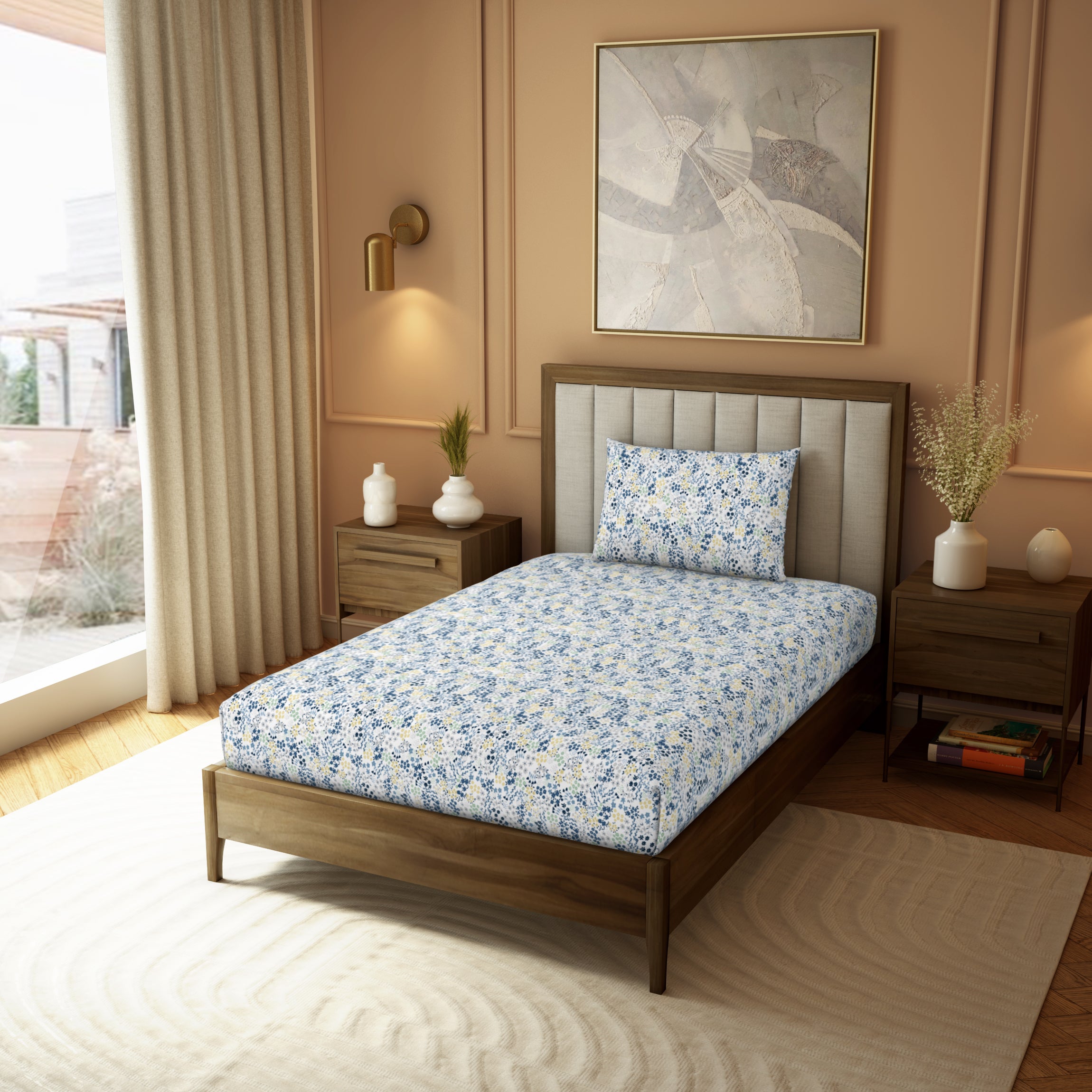 Himeya Elegant | Single Bedsheet Set | 190 TC Cotton -  Multi Ditsy Floral-Blue