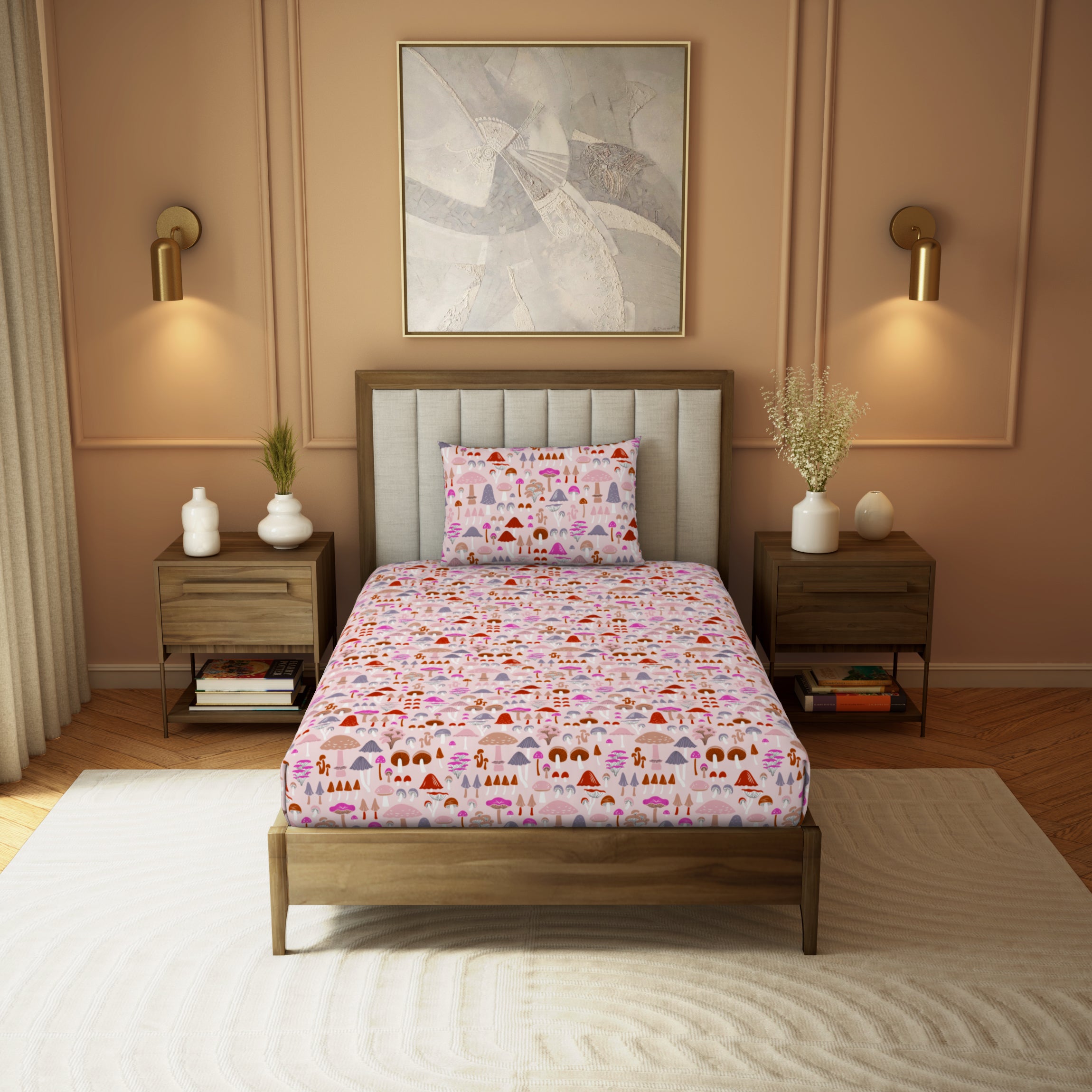 Himeya Elegant | Single Bedsheet Set | 190 TC Cotton -  Mushroom-Pink