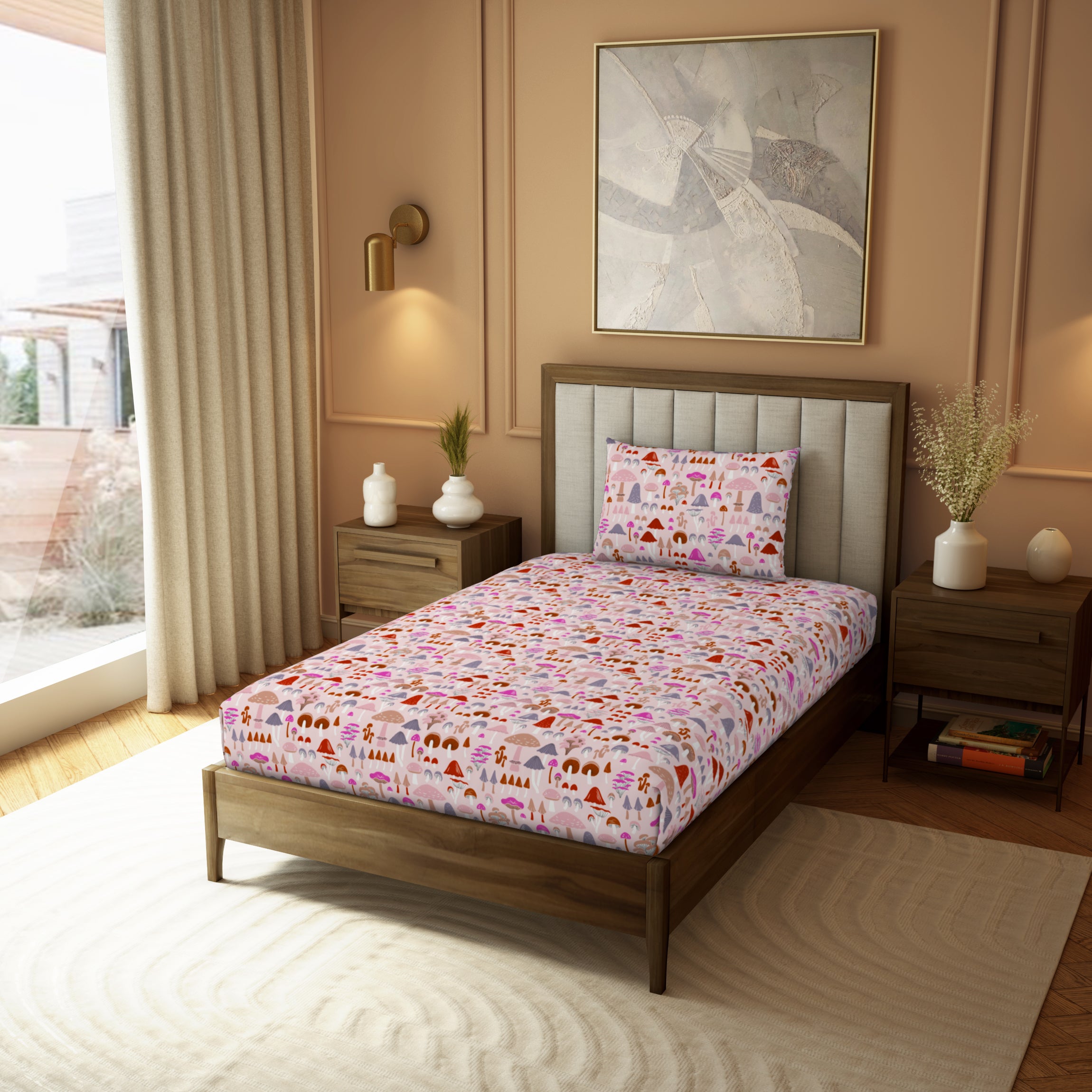 Himeya Elegant | Single Bedsheet Set | 190 TC Cotton -  Mushroom-Pink