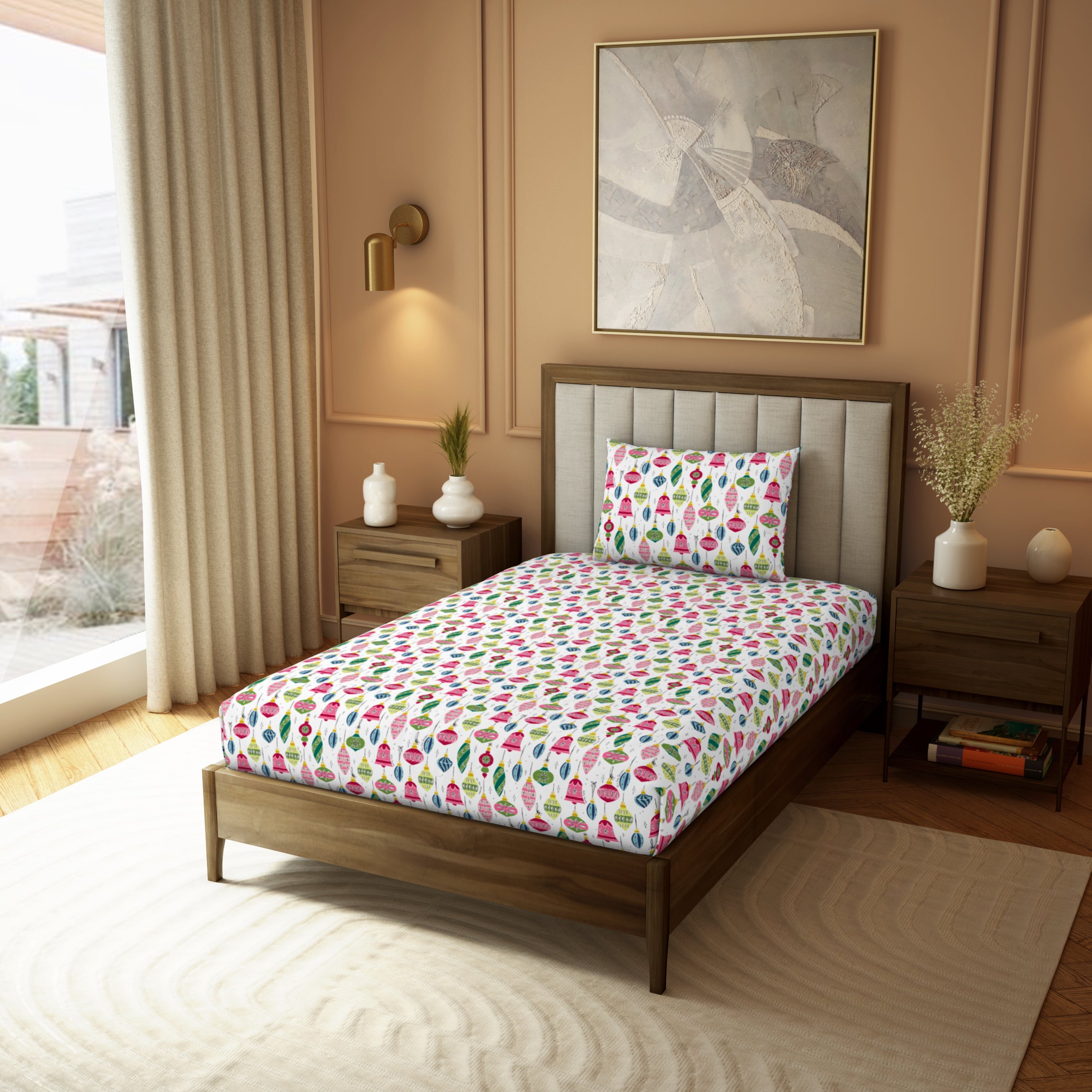 Himeya Elegant | Single Bedsheet Set | 190 TC Cotton -  Ornaments Holiday-Multi