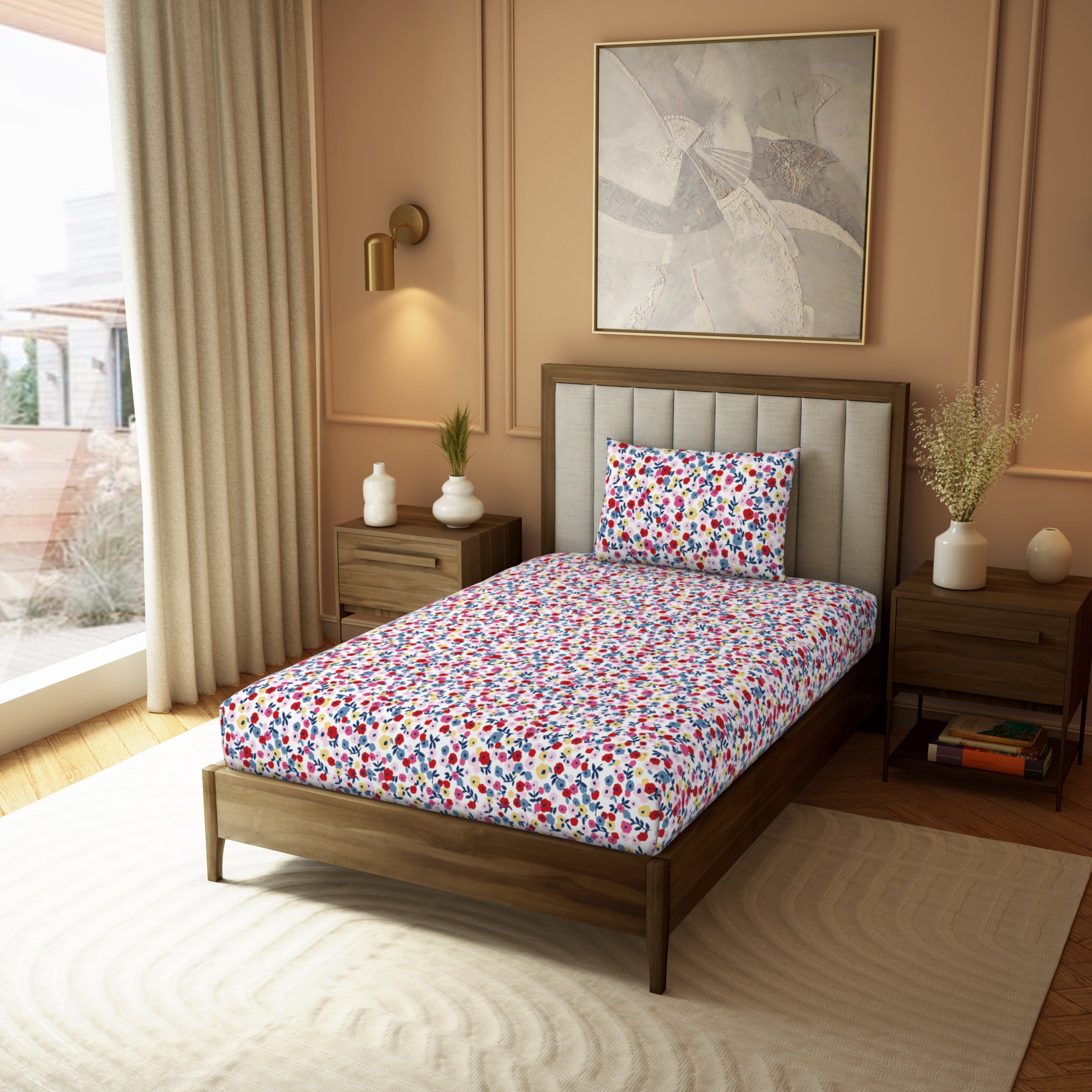 Himeya Elegant | Single Bedsheet Set | 190 TC Cotton -  Park Avenue Ditsy-Pink Green