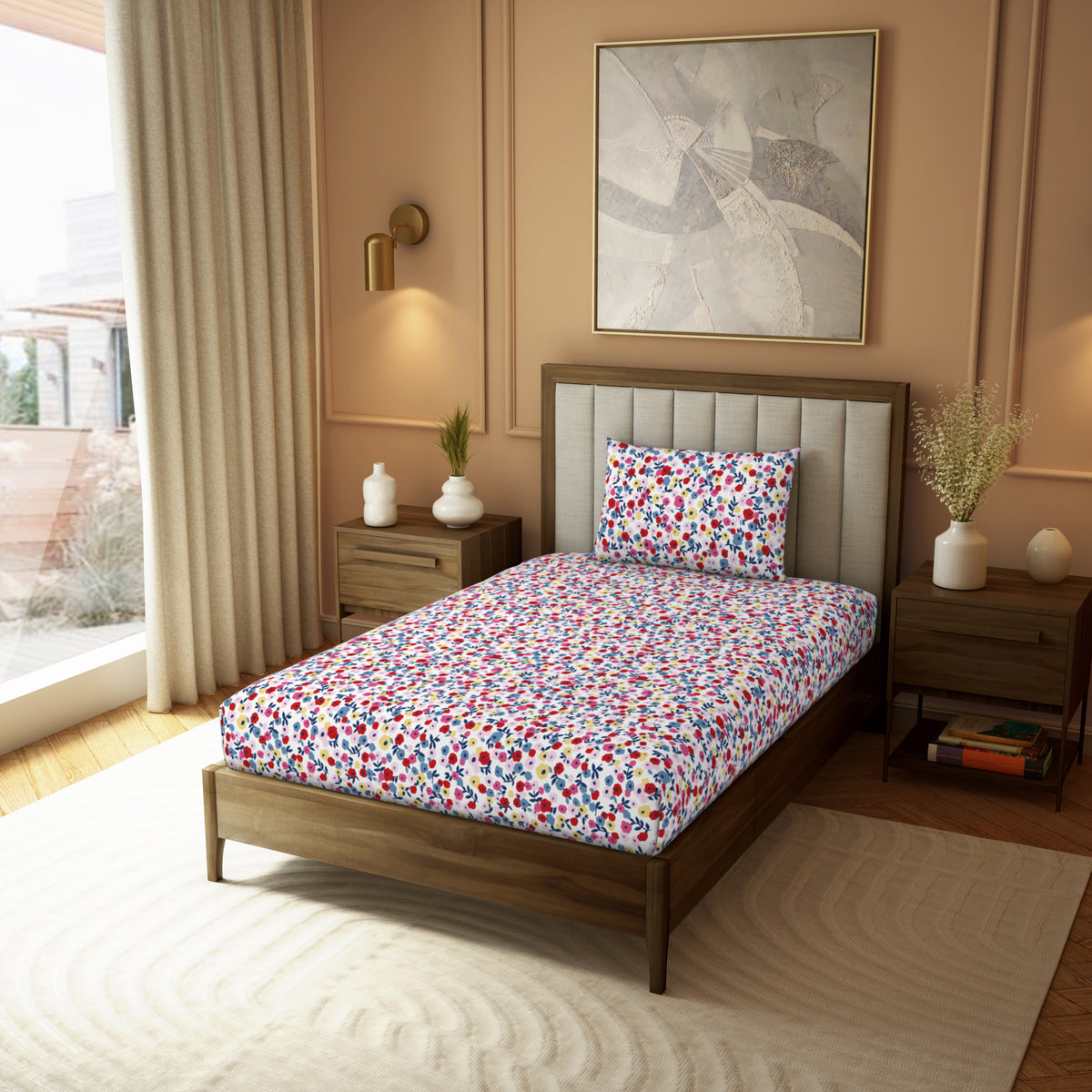 The Elegant Collection | Printed Single Bedsheet Set | 190 TC Cotton | Park Avenue Ditsy-Pink Green