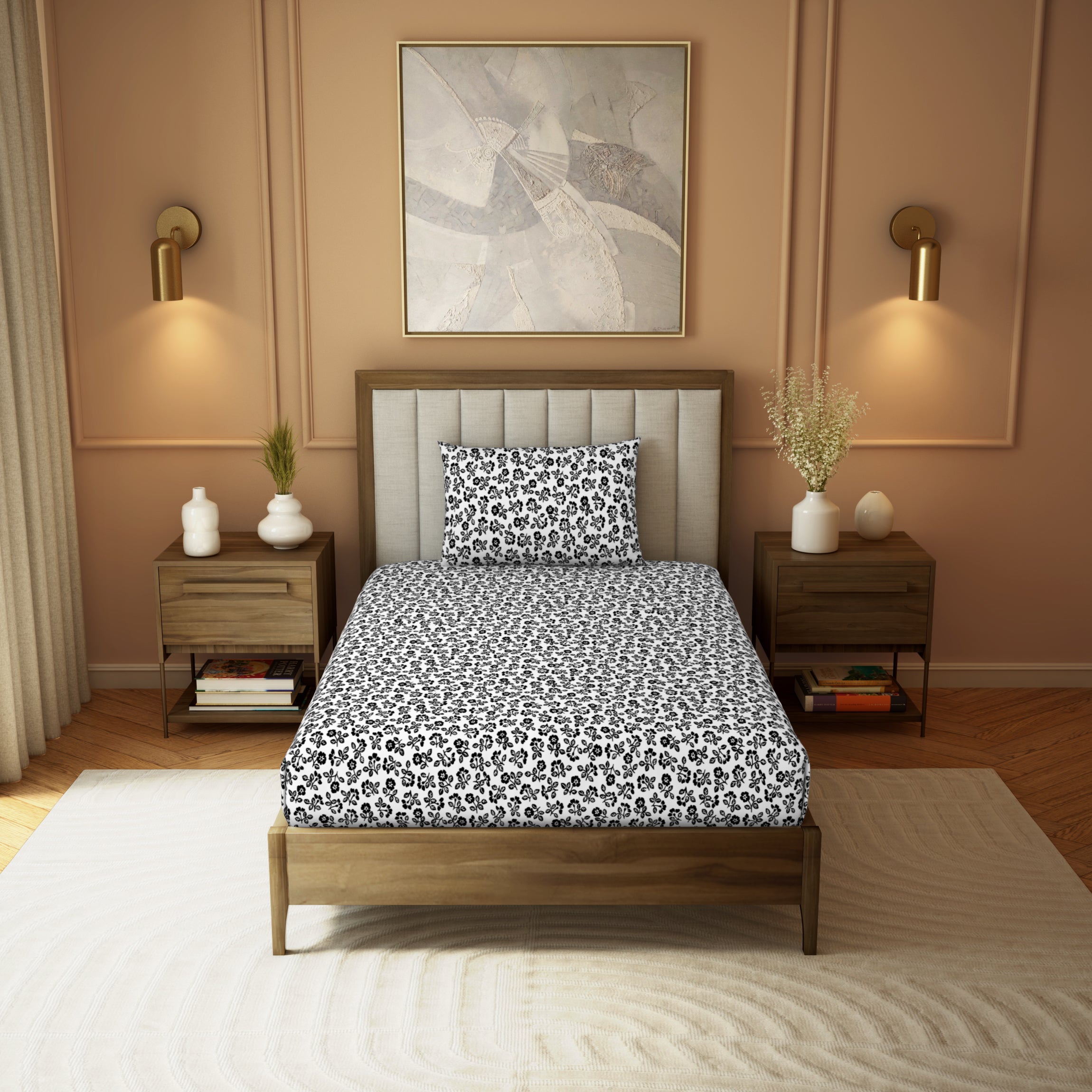 Himeya Elegant | Single Bedsheet Set | 190 TC Cotton -  Plain Ditsy-Black