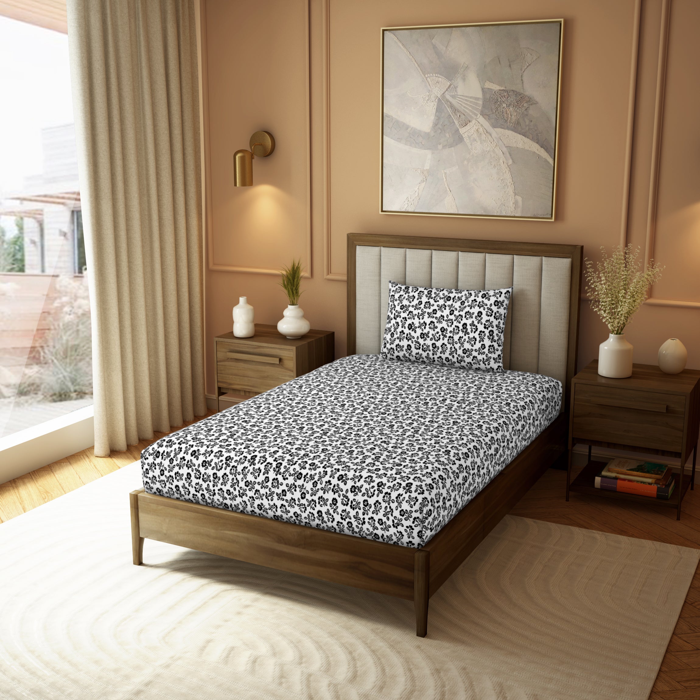Himeya Elegant | Single Bedsheet Set | 190 TC Cotton -  Plain Ditsy-Black