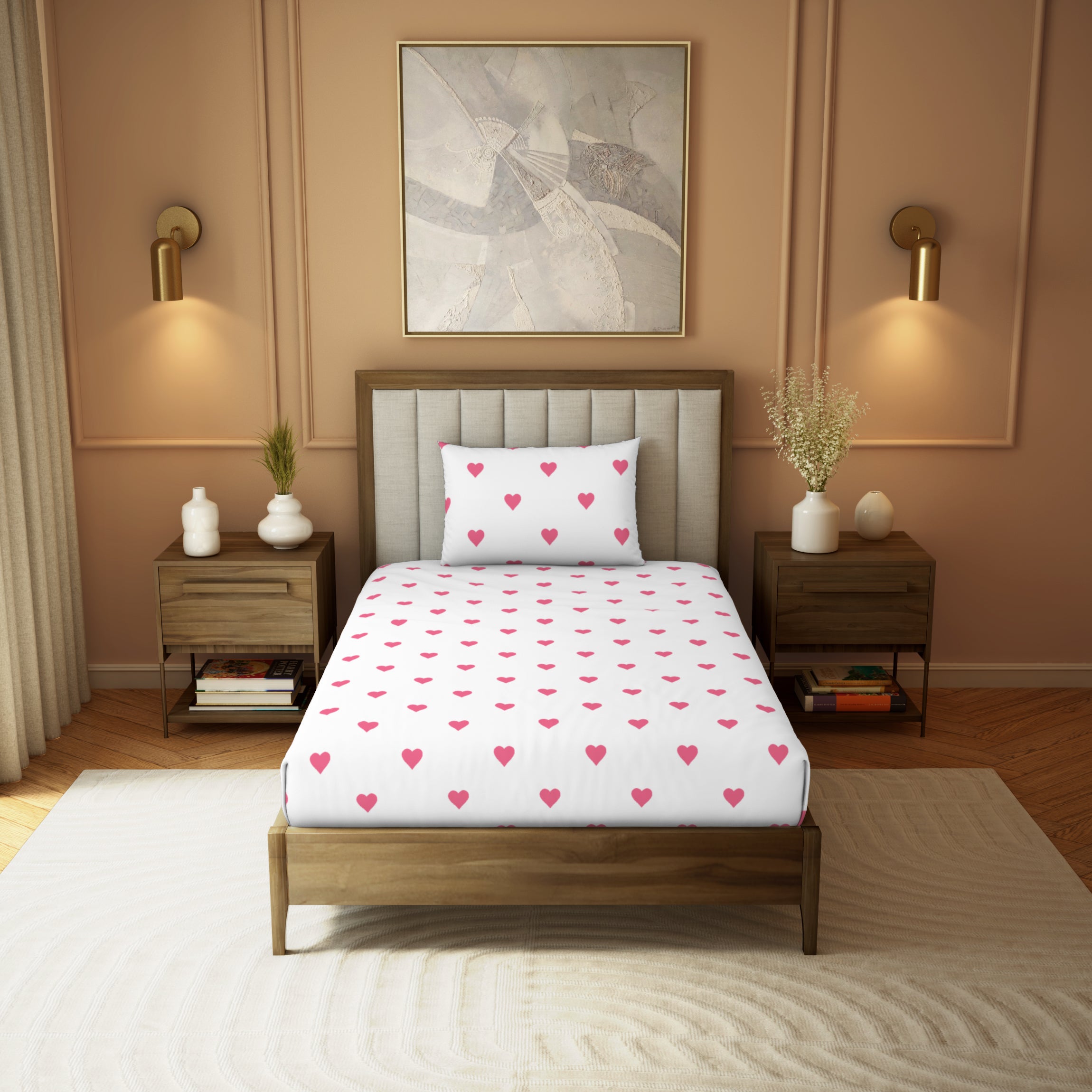 Himeya Elegant | Single Bedsheet Set | 190 TC Cotton -  Pin Hearts-Pizzazz Pink