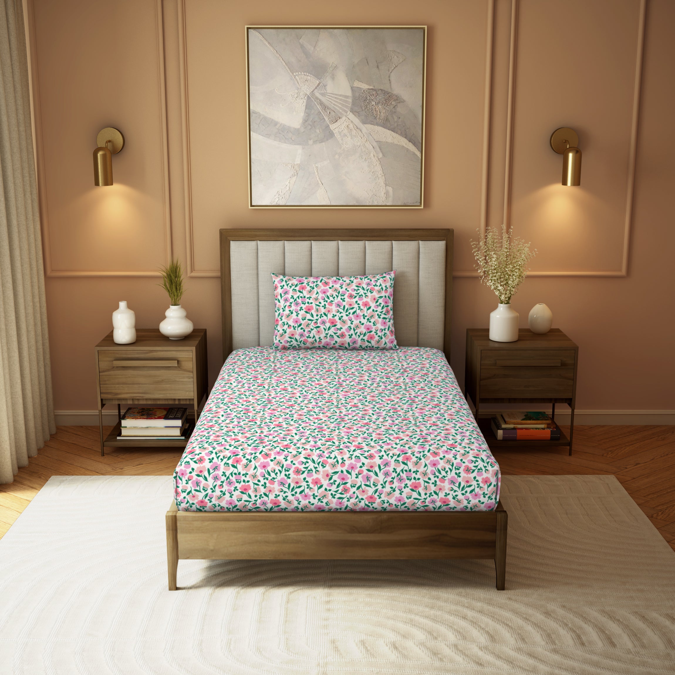 Himeya Elegant | Single Bedsheet Set | 190 TC Cotton -  Peony Party-Pink