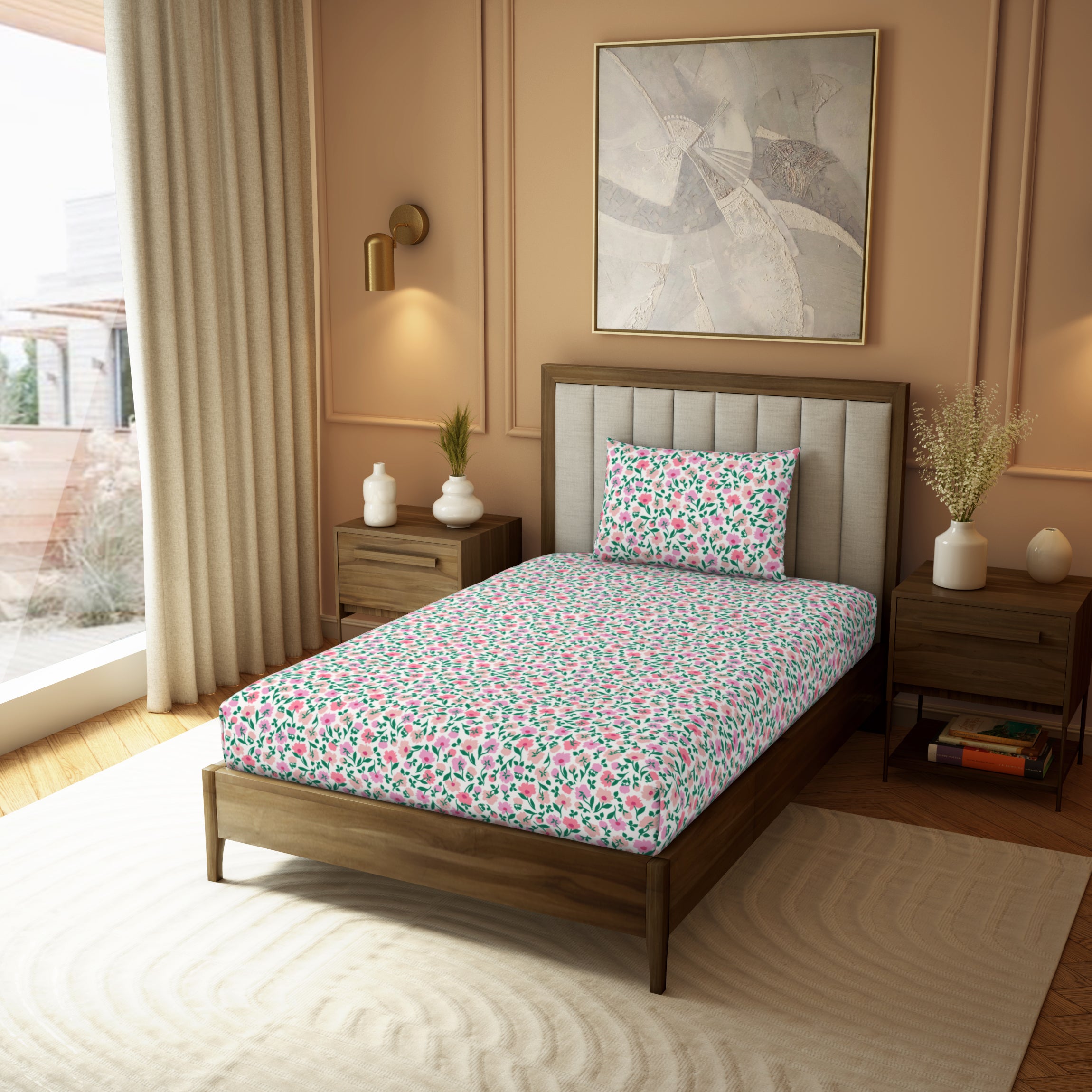 Himeya Elegant | Single Bedsheet Set | 190 TC Cotton -  Peony Party-Pink
