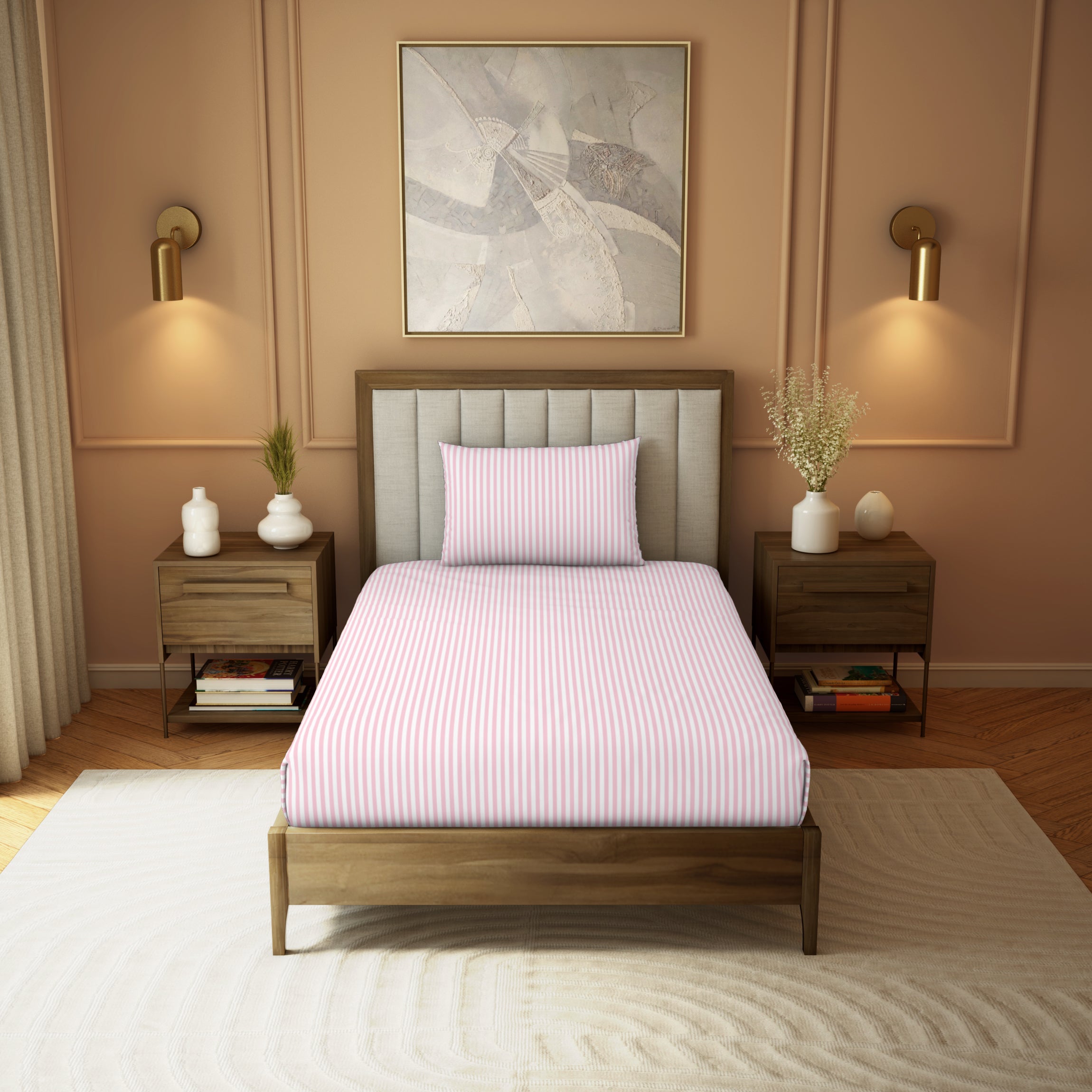 Himeya Elegant | Single Bedsheet Set | 190 TC Cotton -  Seersucker Strp-Custm Lt Pnk