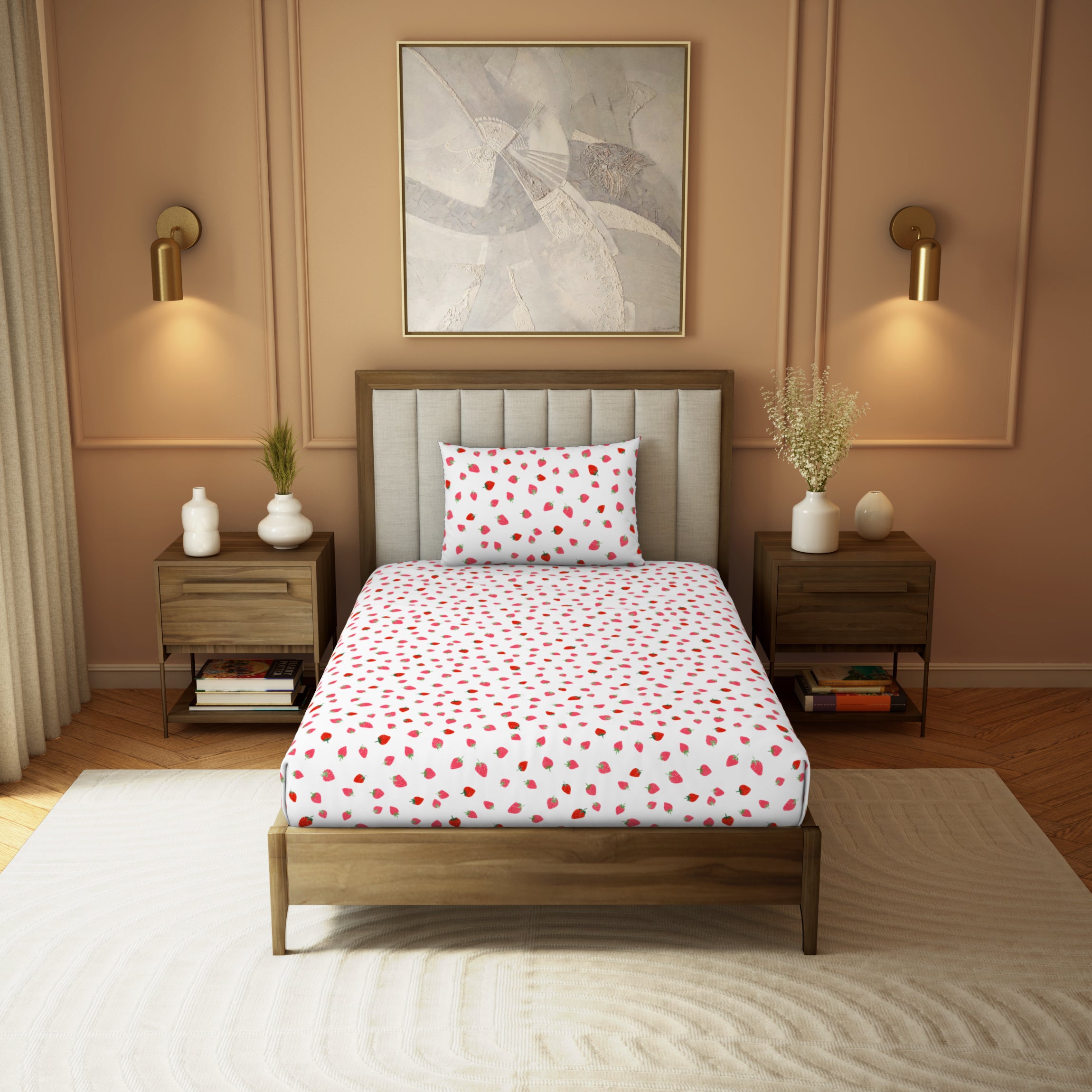 Himeya Elegant | Single Bedsheet Set | 190 TC Cotton -  Tossed Strawbery-Red