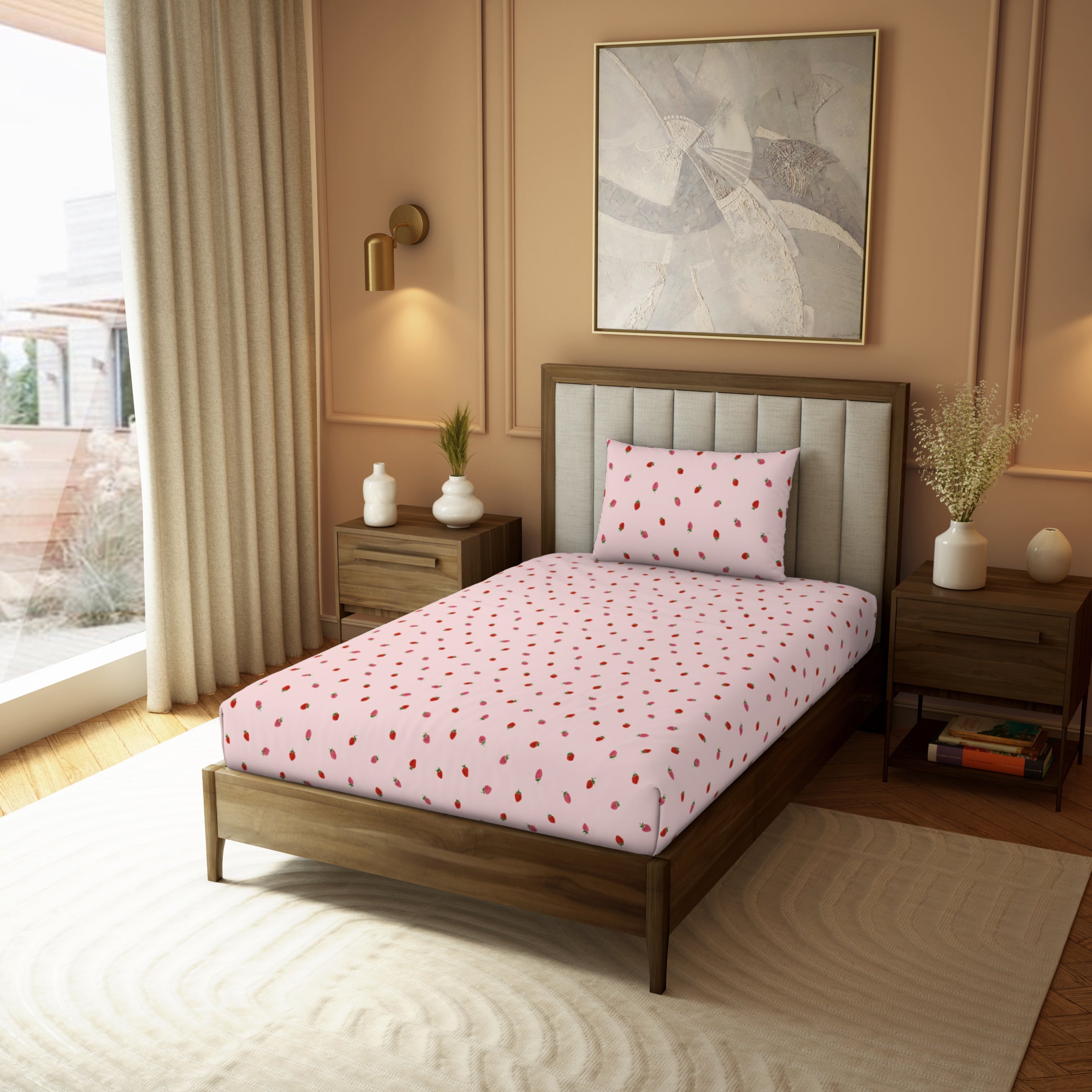 Himeya Elegant | Single Bedsheet Set | 190 TC Cotton -  Wild Straw Toss-Pink