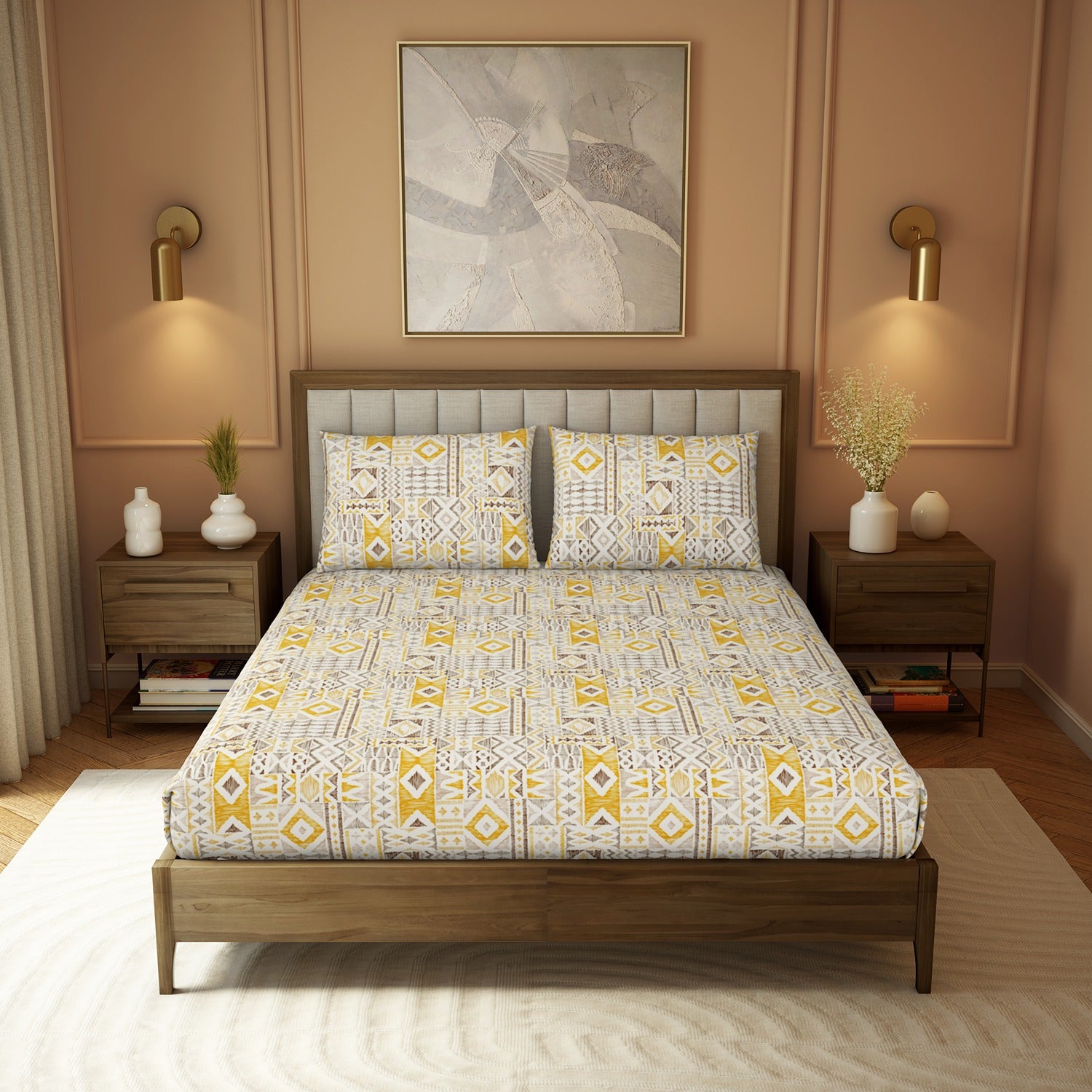 The Elite Collection | Printed King Bedsheet Set | 180 TC Cotton | Bright Gold