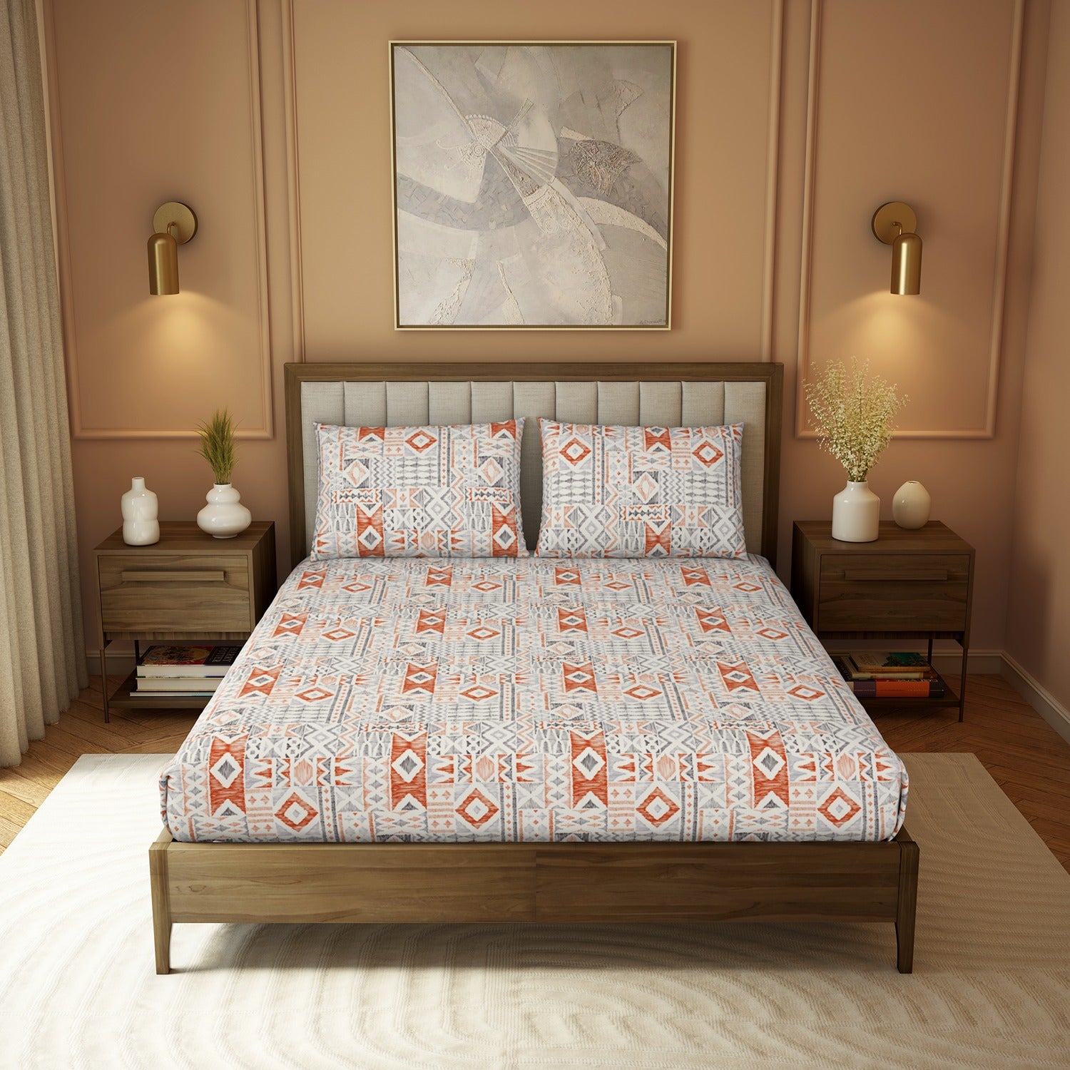 The Elite Collection | Printed King Bedsheet Set | 180 TC Cotton | Tangerine