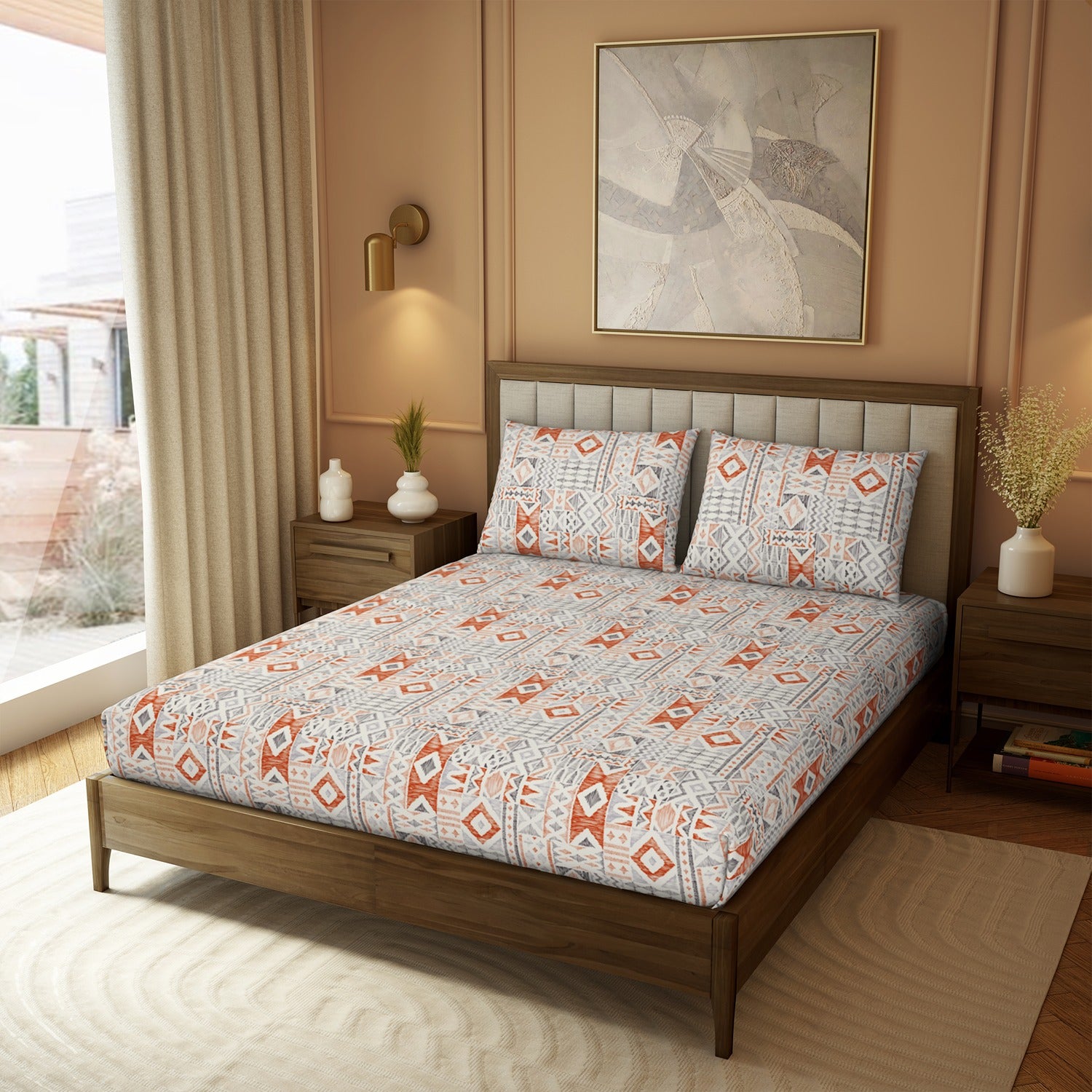 The Elite Collection | Printed King Bedsheet Set | 180 TC Cotton | Tangerine