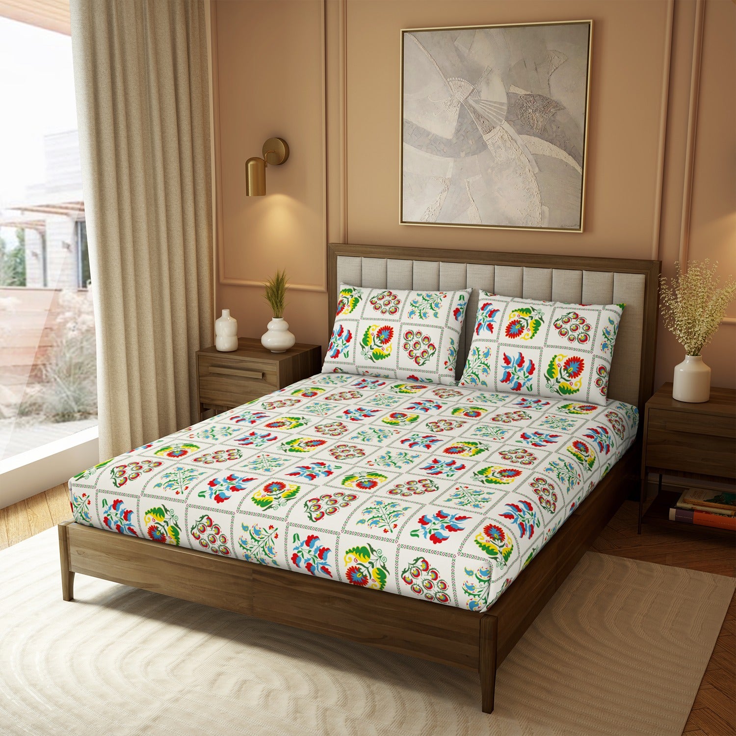 The Elite Collection | Printed King Bedsheet Set | 180 TC Cotton | Winter White