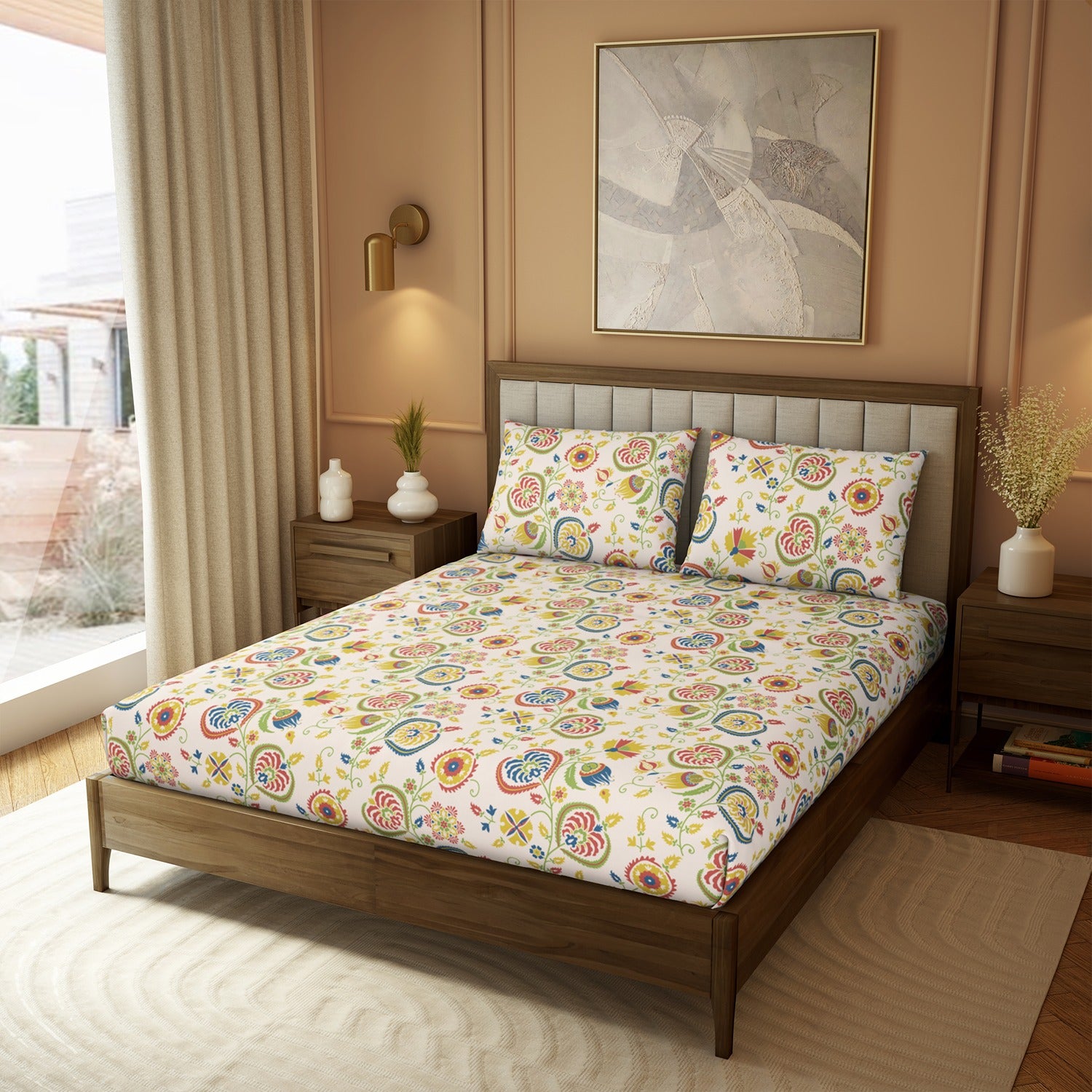 The Elite Collection | Printed King Bedsheet Set | 180 TC Cotton | Ochre Yellow