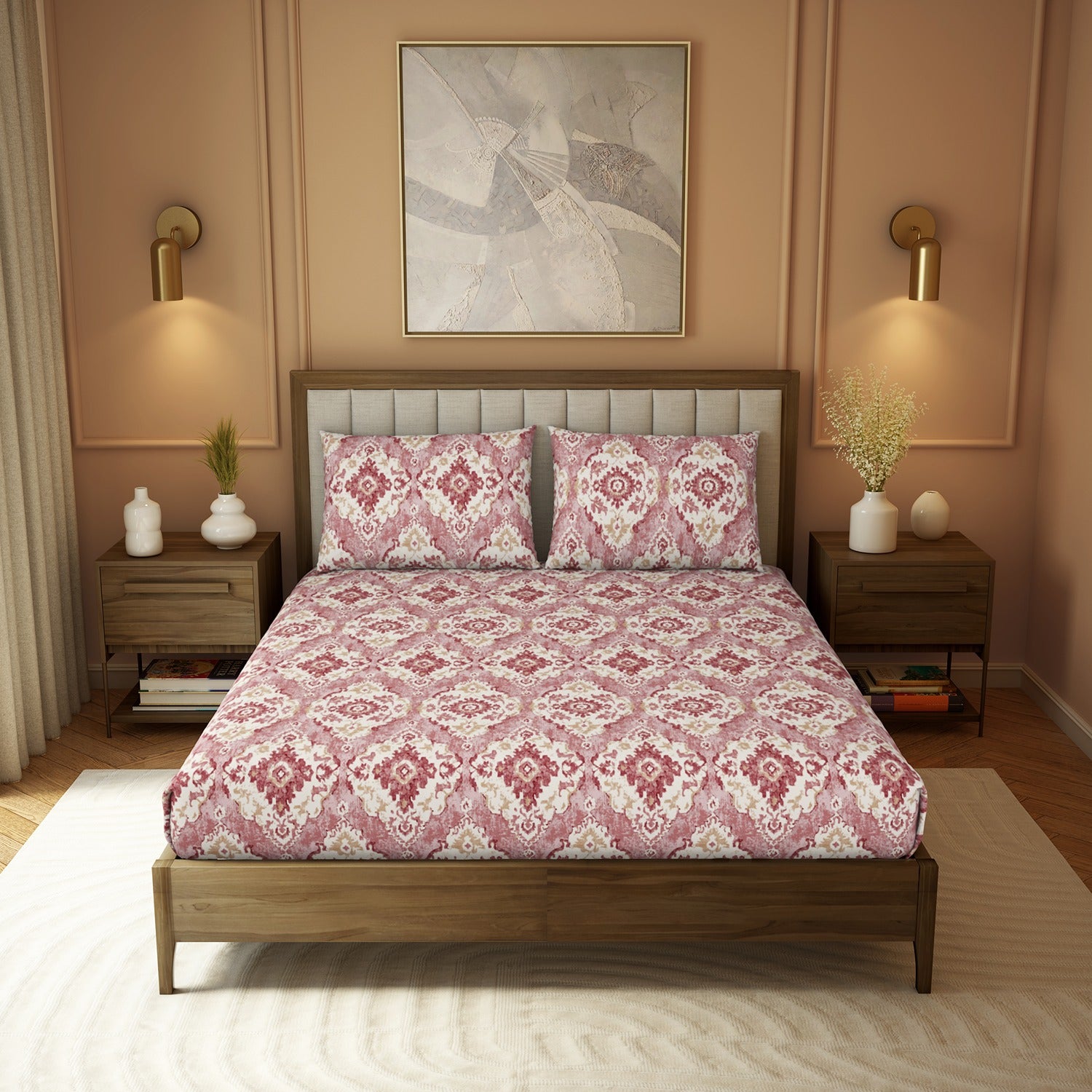 The Elite Collection | Printed King Bedsheet Set | 180 TC Cotton | Rosewood Red