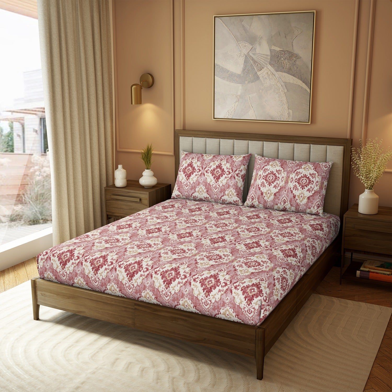 The Elite Collection | Printed King Bedsheet Set | 180 TC Cotton | Rosewood Red