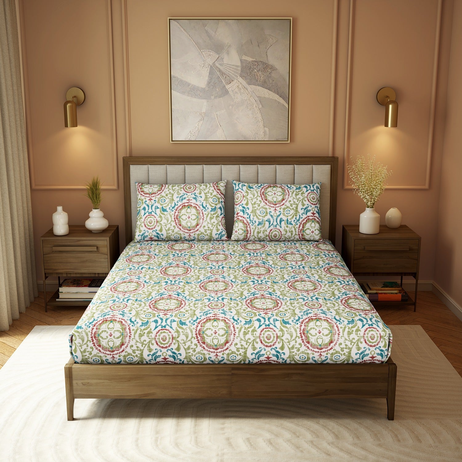 The Elite Collection | Printed King Bedsheet Set | 180 TC Cotton | Pistachio Green