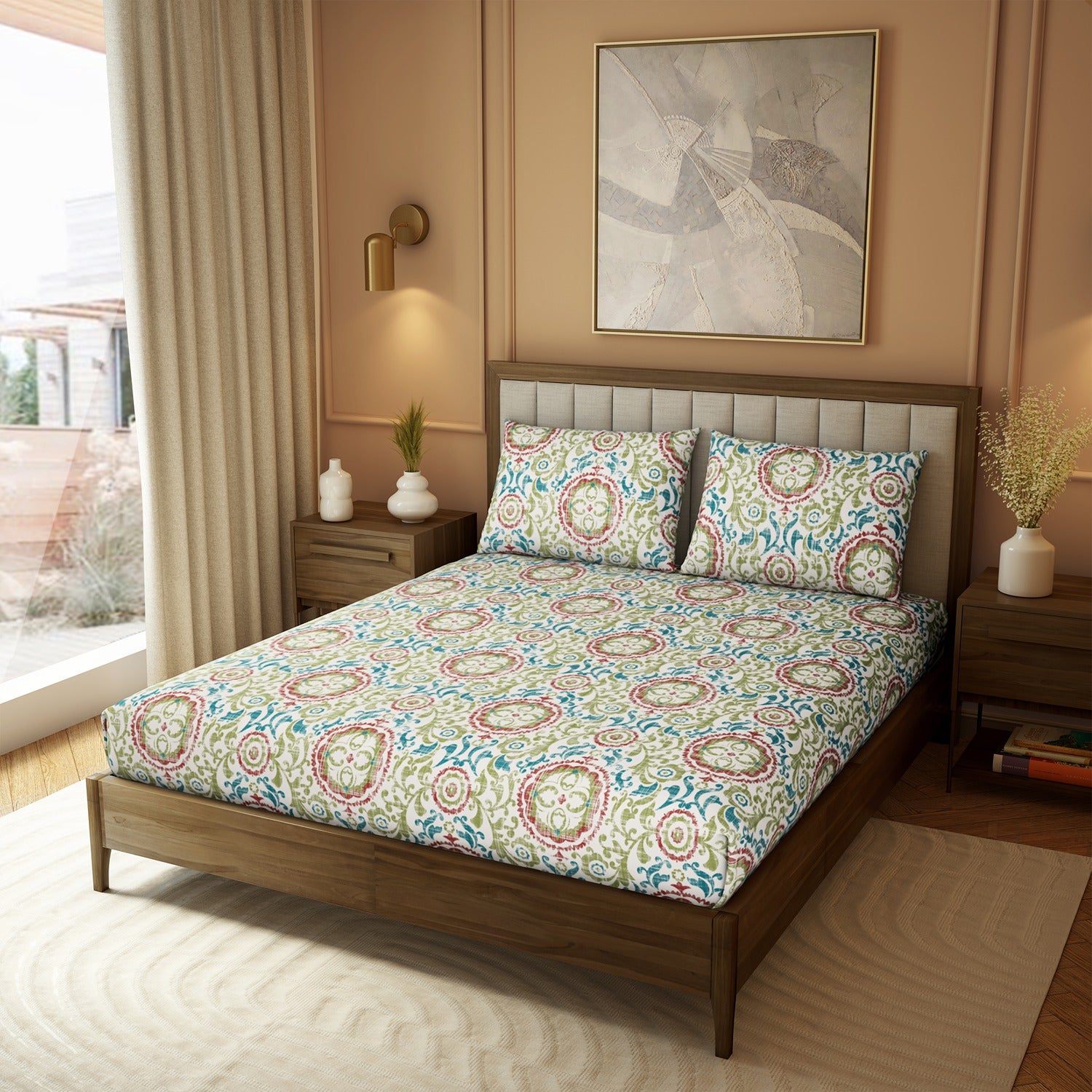The Elite Collection | Printed King Bedsheet Set | 180 TC Cotton | Pistachio Green