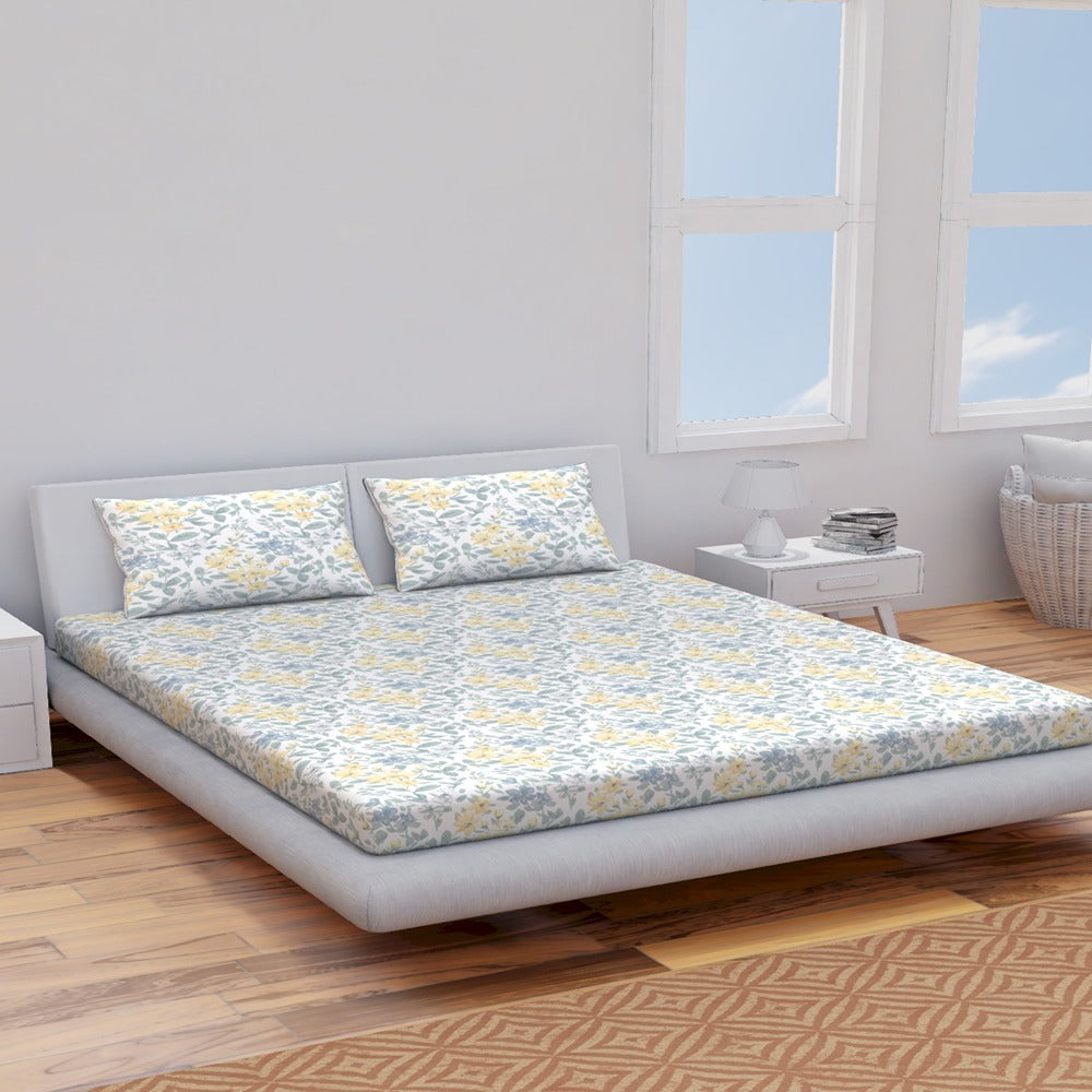 Himeya 144 TC 100% Cotton Percale Rotary Floriana - Double Bedsheet Set (Yellow Mint)