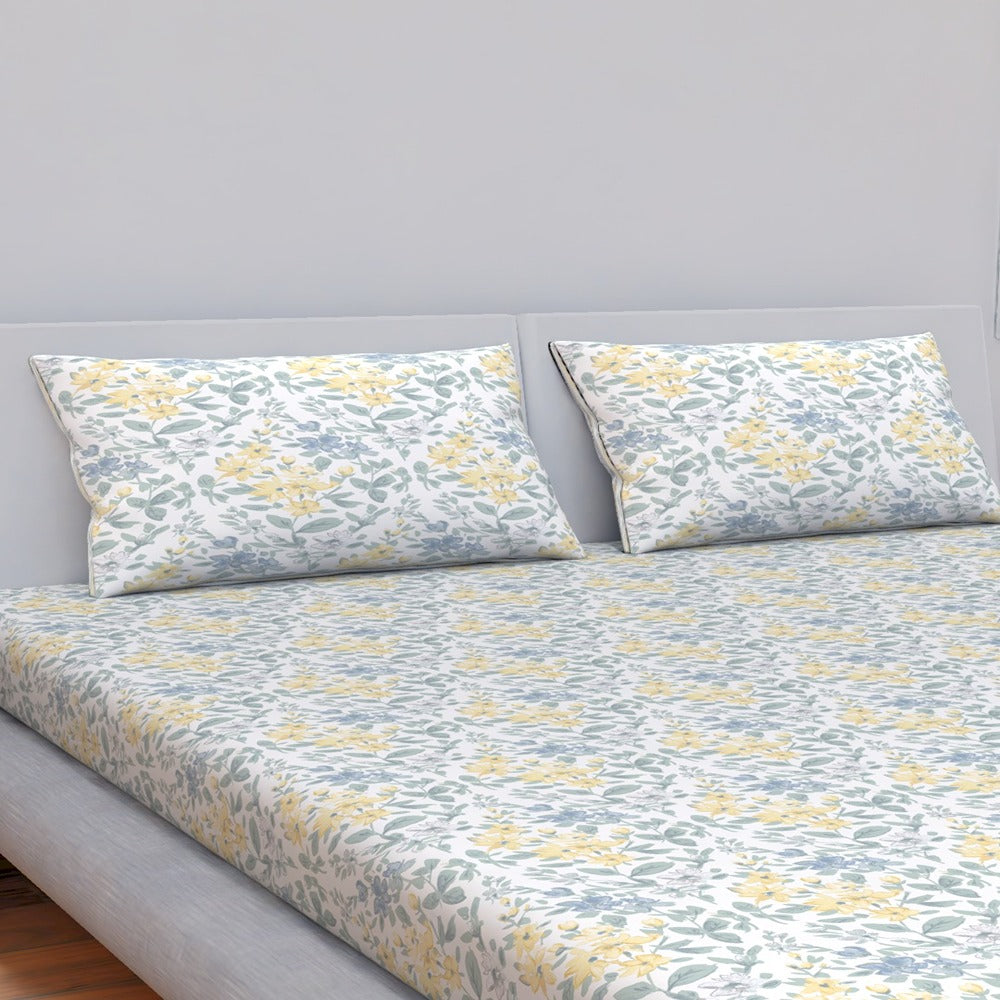 Himeya 144 TC 100% Cotton Percale Rotary Floriana - Double Bedsheet Set (Yellow Mint)