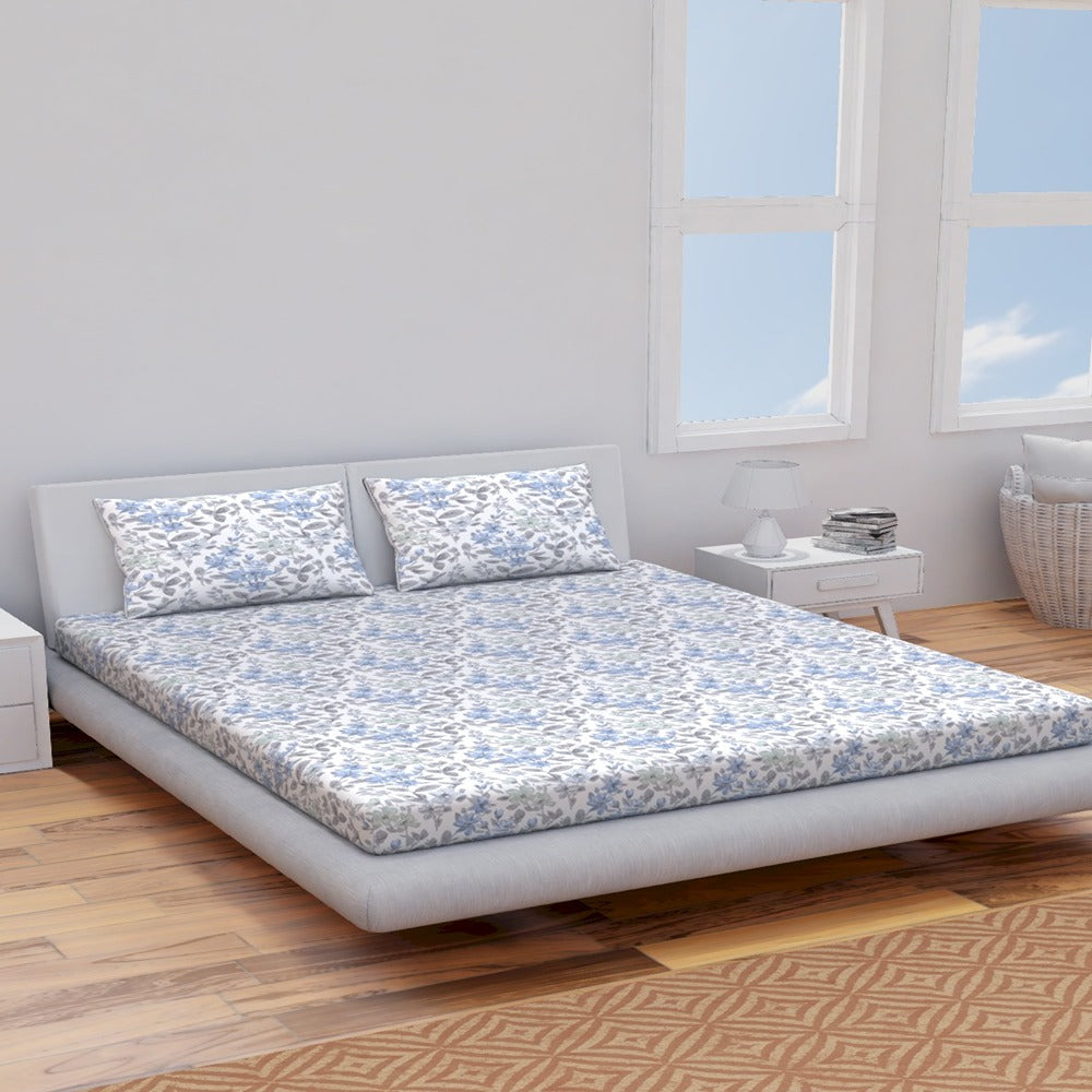 Himeya 144 TC 100% Cotton Percale Rotary Floriana - Double Bedsheet Set (Blue Grey)