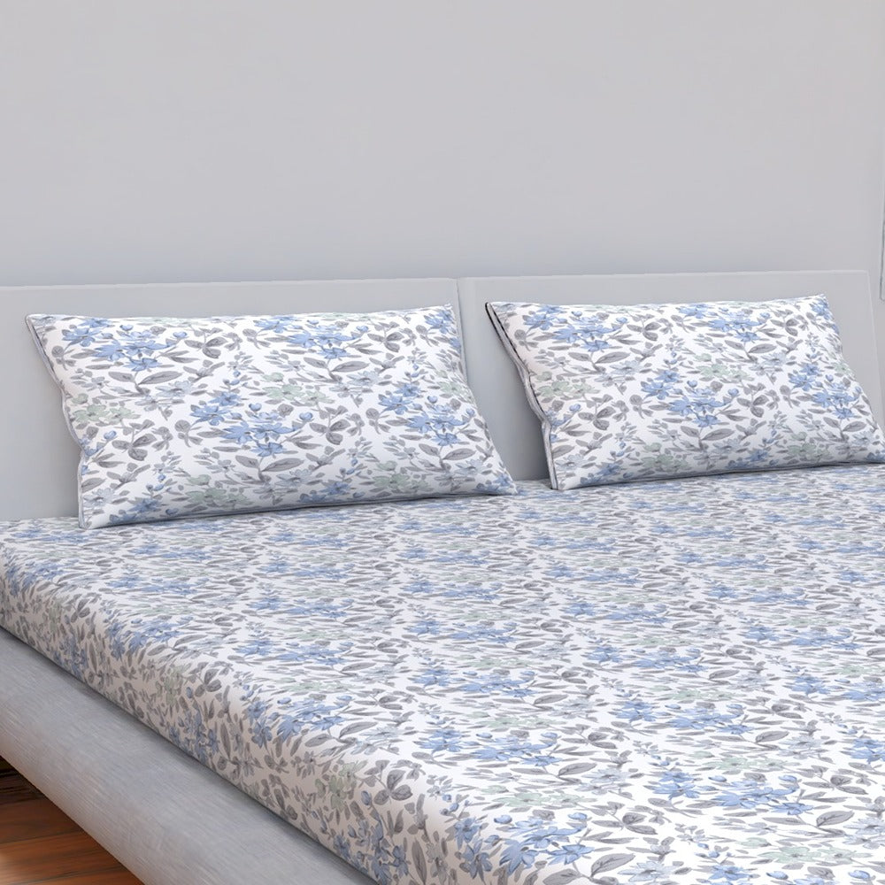 Himeya 144 TC 100% Cotton Percale Rotary Floriana - Double Bedsheet Set (Blue Grey)